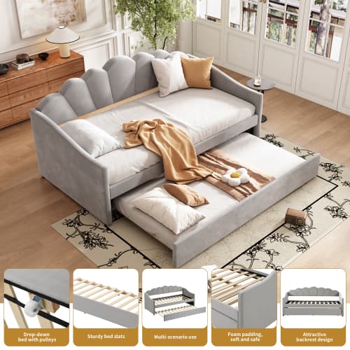 Upholstered 3ft Single Day Bed with Pull-Out Trundle in Grey Velvet - image 3