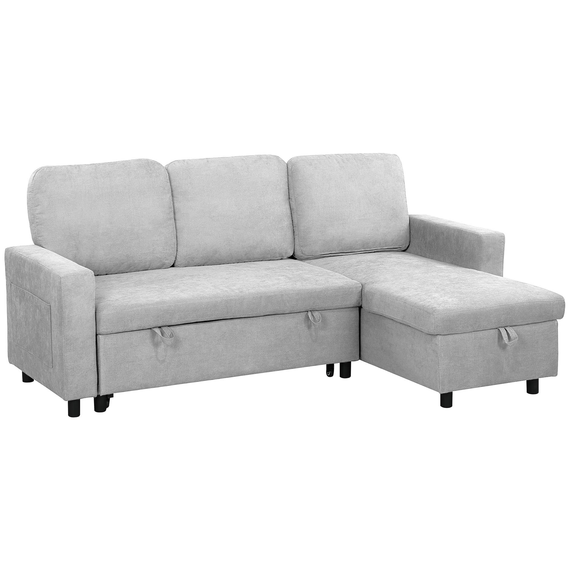 Light Grey Pull-Out Corner Sofa Bed with Chaise Storage