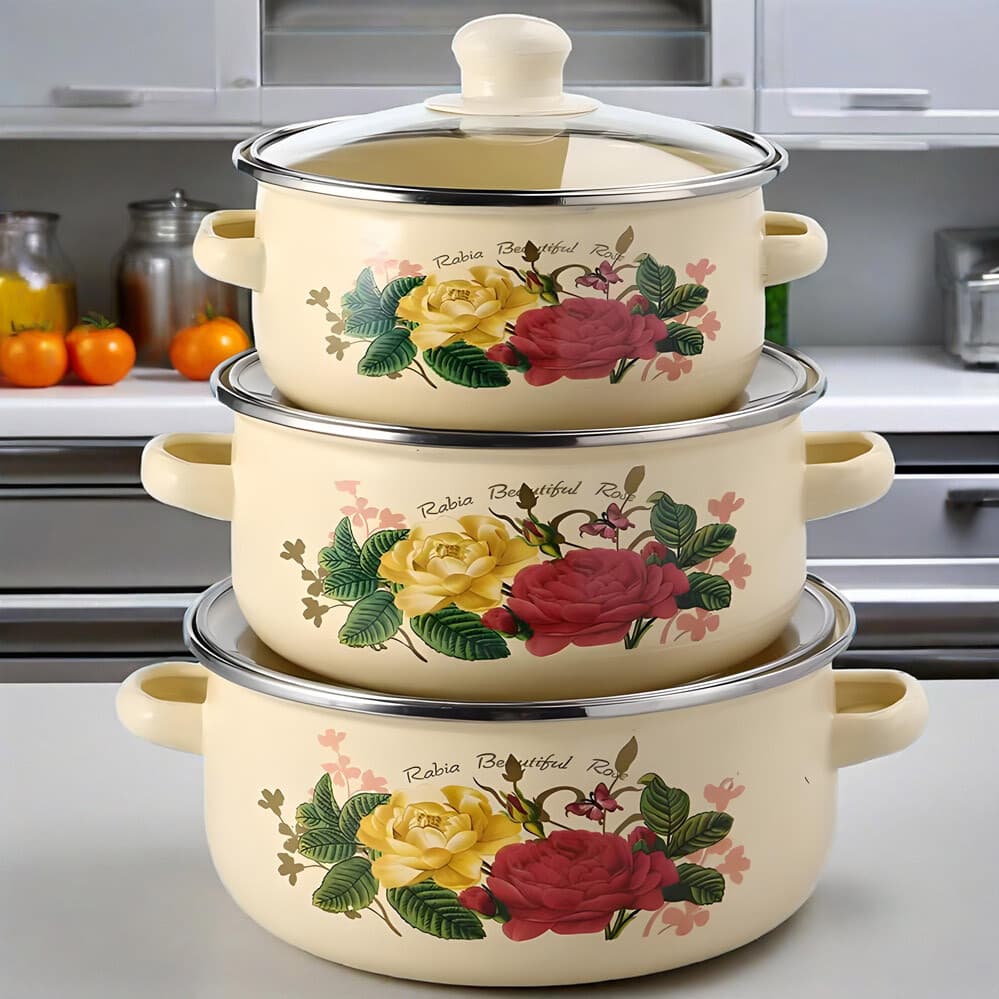 Graduated Enamel Stockpot Set with Rose Floral Design - image 1