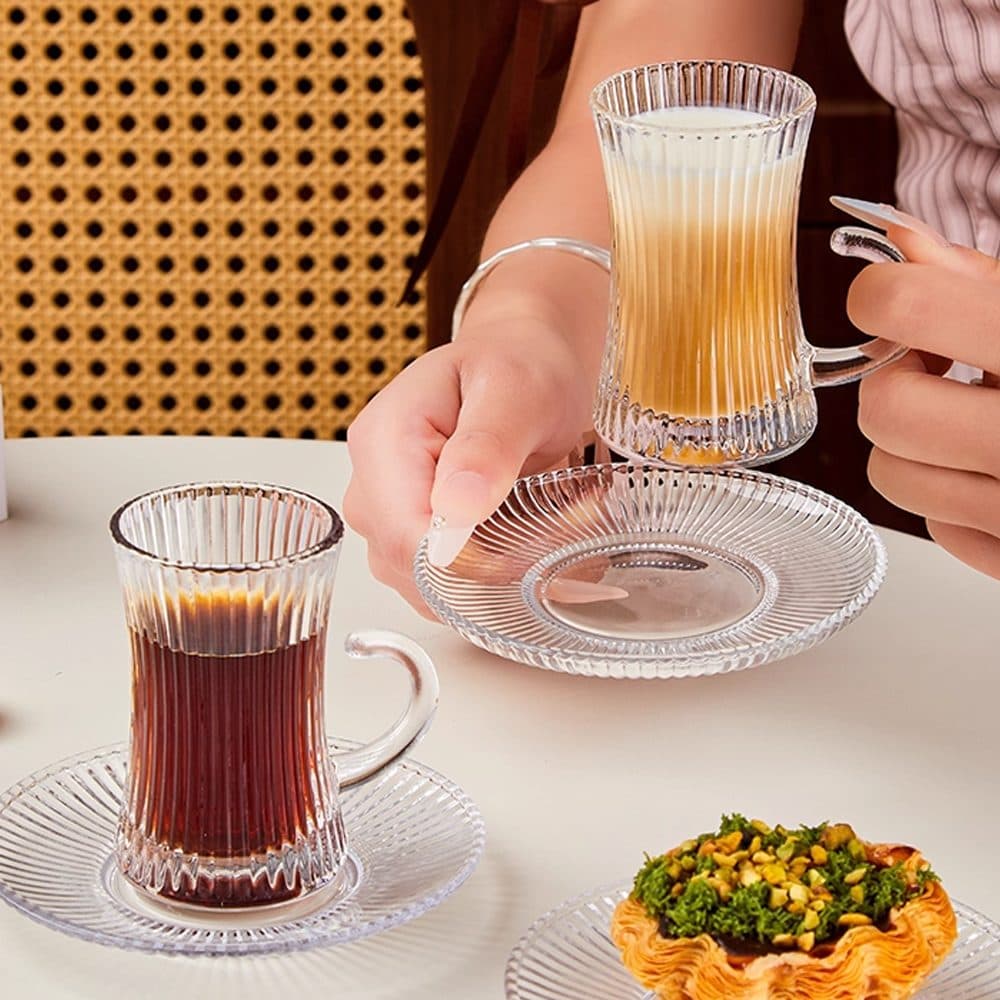 Set of 6 Ribbed Glass Tea Cups with Handles and Saucers - image 8