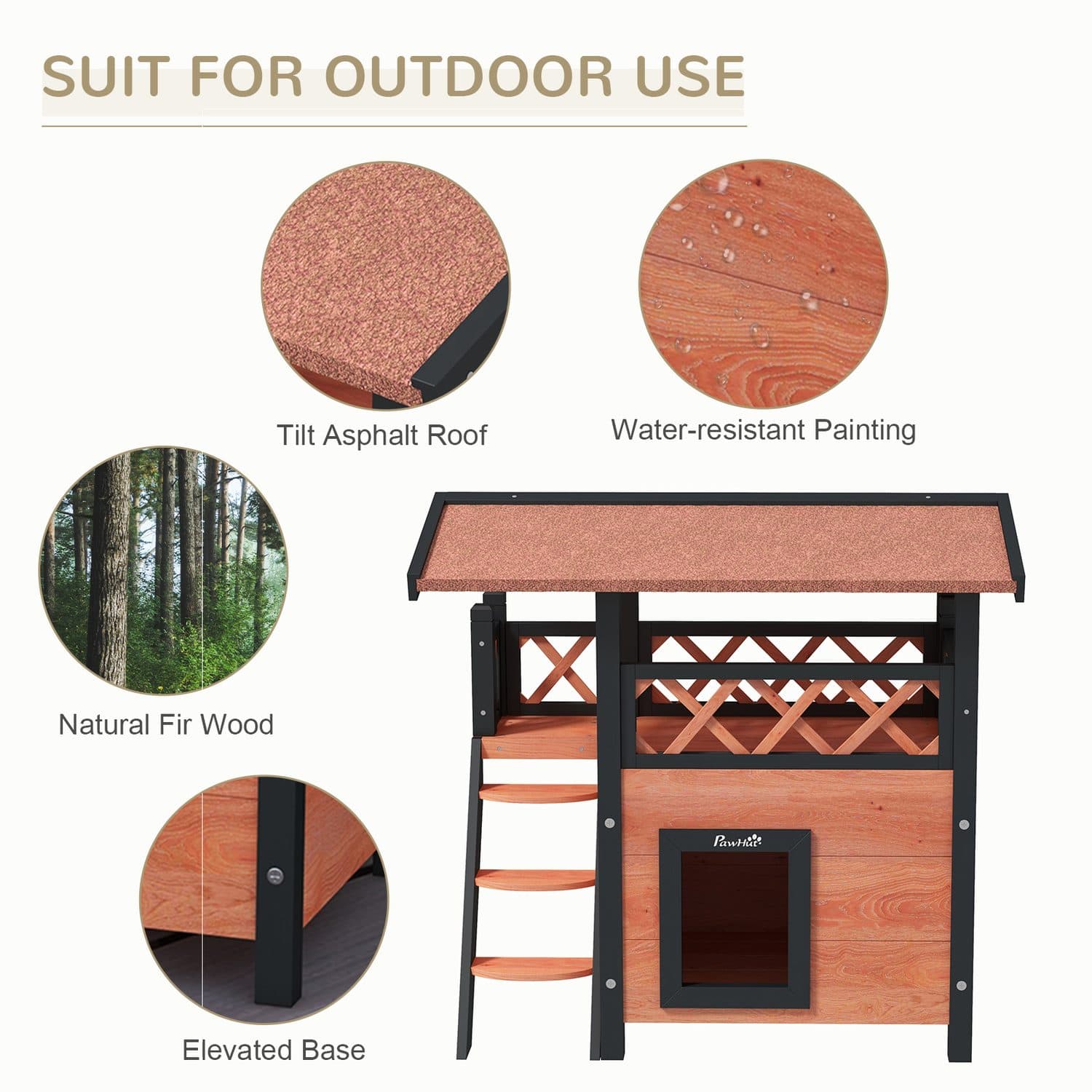 PawHut Outdoor Cat House with Balcony, Stairs and Shelter Roof - image 2