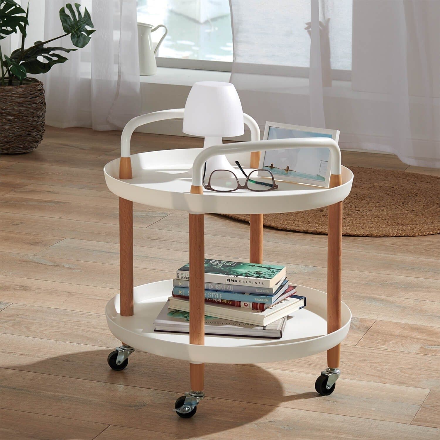 Round Two-Tier Trolley on Castors with Natural Wood Legs