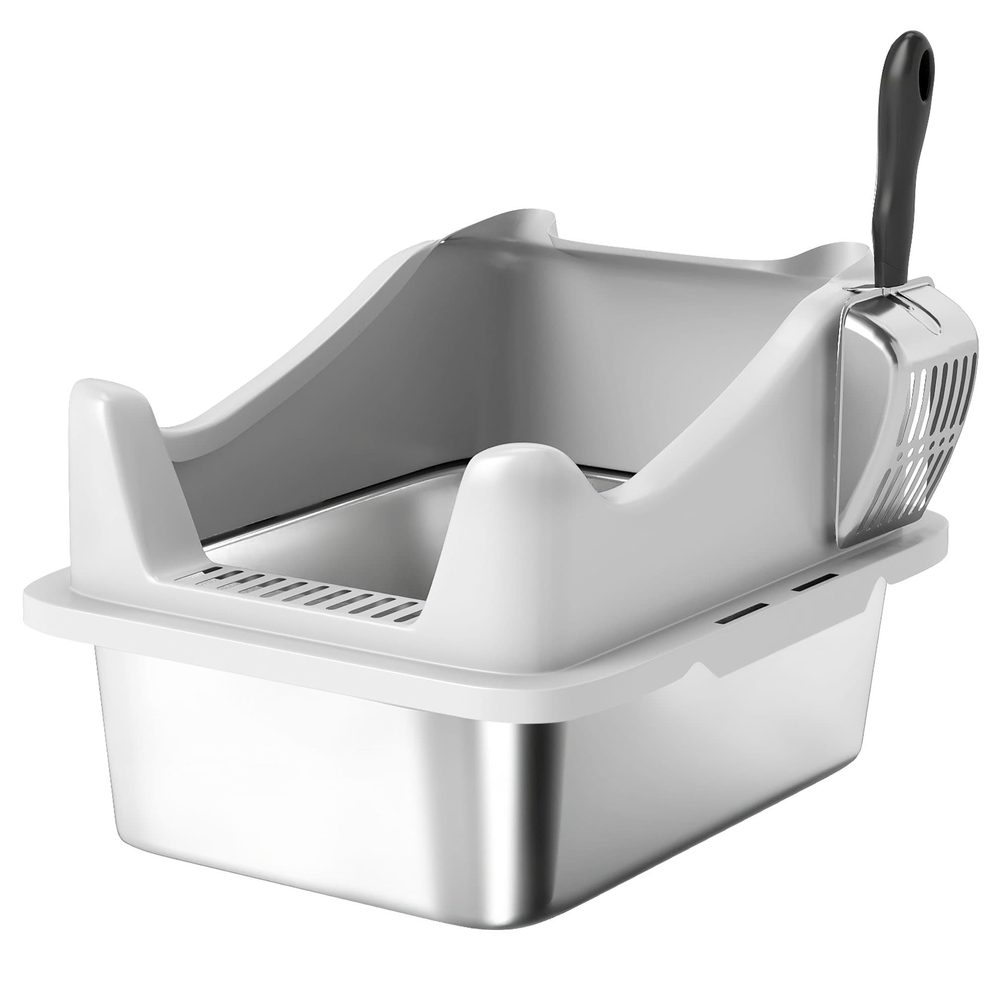 Open Cat Litter Box with Stainless Steel Base and Scoop Holder