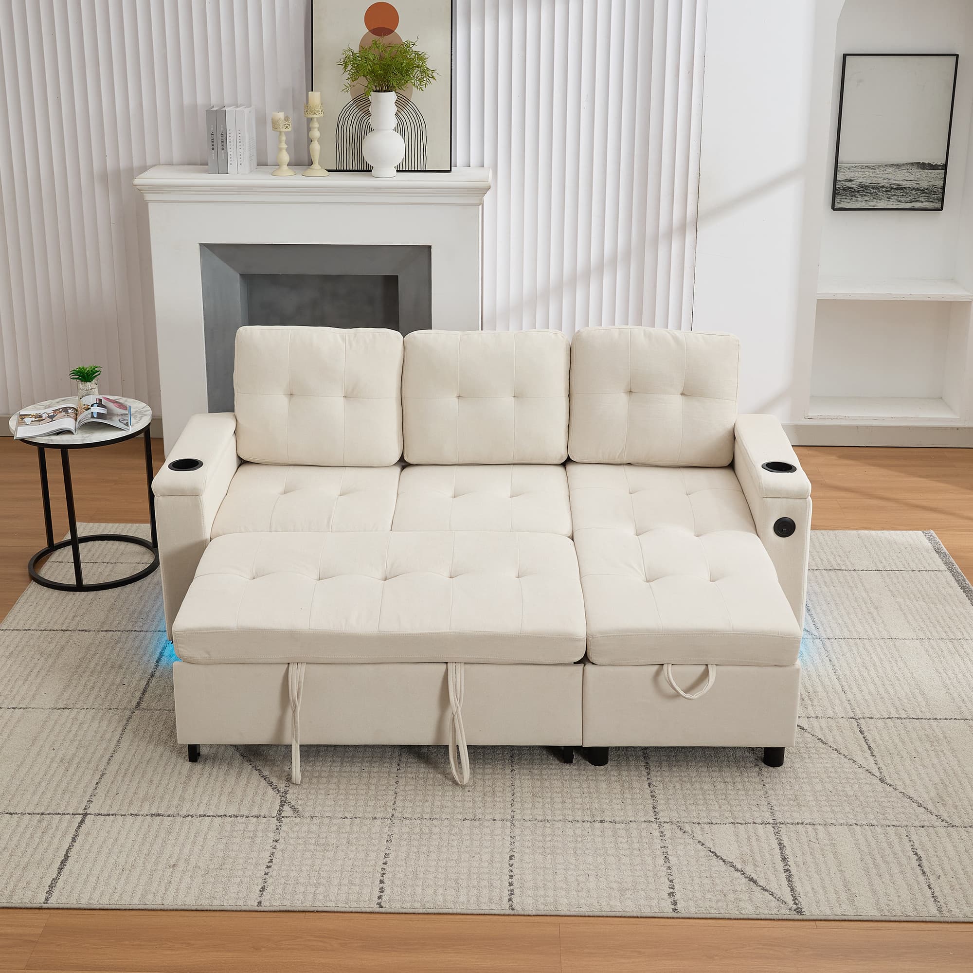 3 Seater L-Shaped Sofa Bed in Beige Fabric with Storage and USB Ports - image 2
