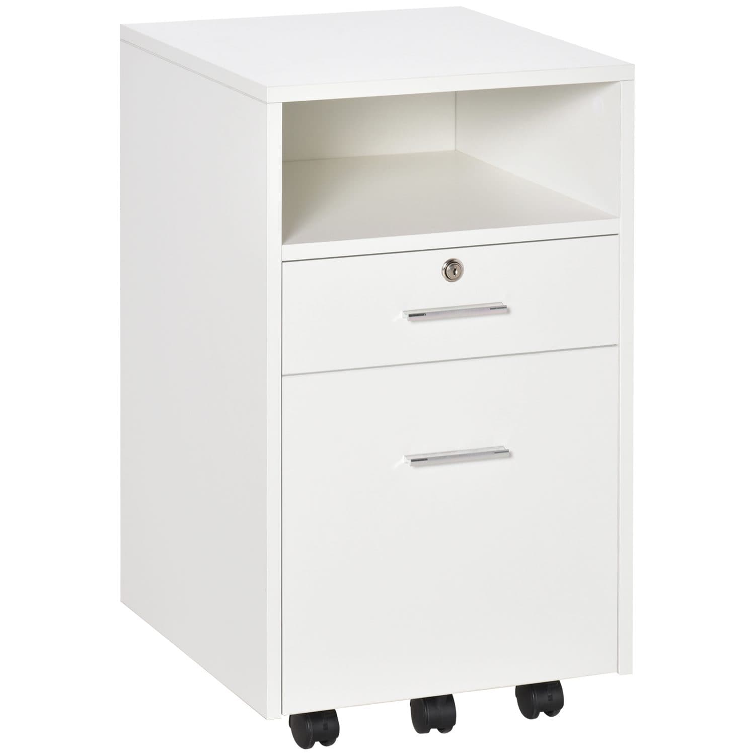 Two-Drawer Lockable Filing Cabinet with Wheels and Open Shelf