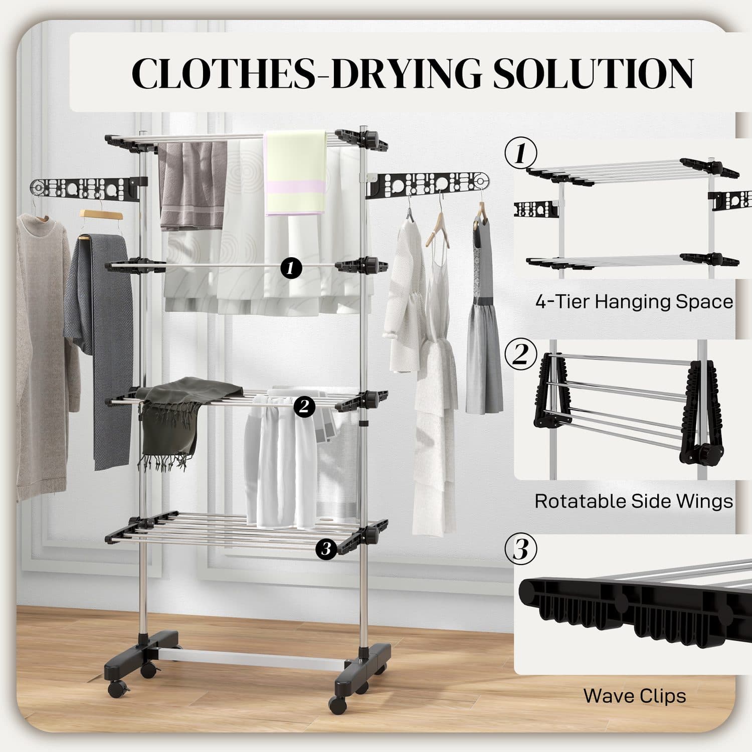 4-tier rolling clothes drying rack with folding side arms, set up in a small UK flat