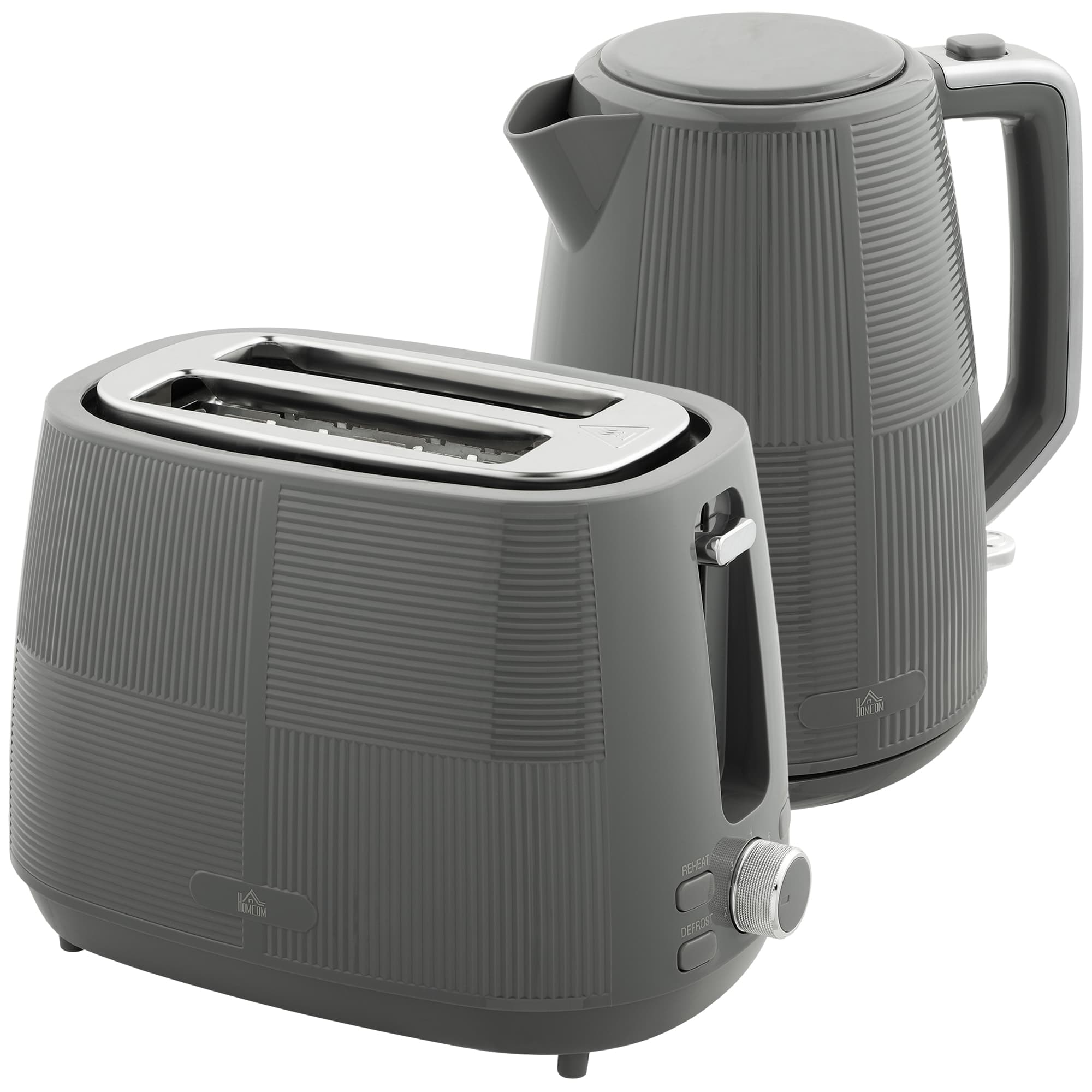 Grey matching kettle and 2-slice toaster set on a kitchen worktop