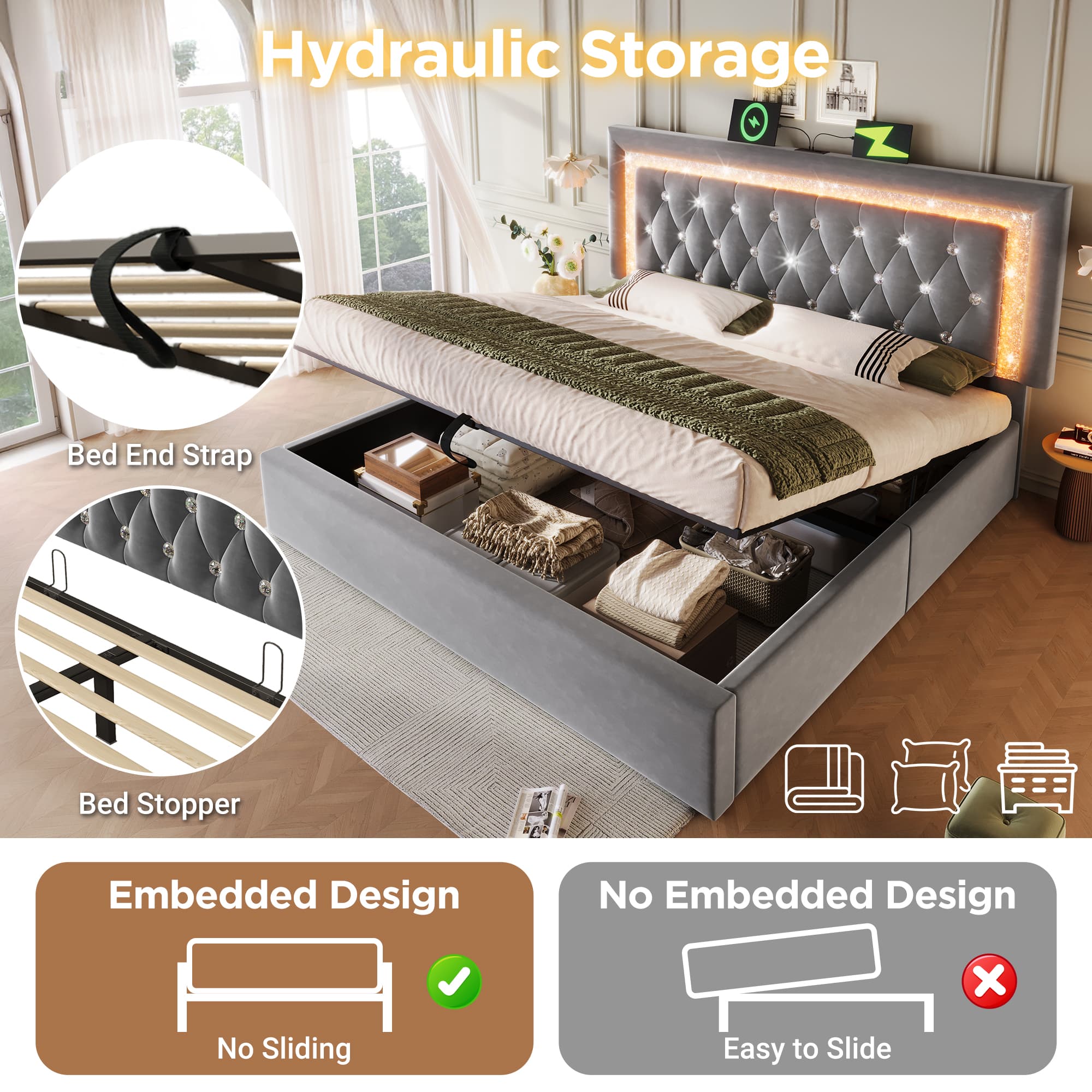 Grey Velvet Super King Ottoman Storage Bed with LED Headboard - image 2