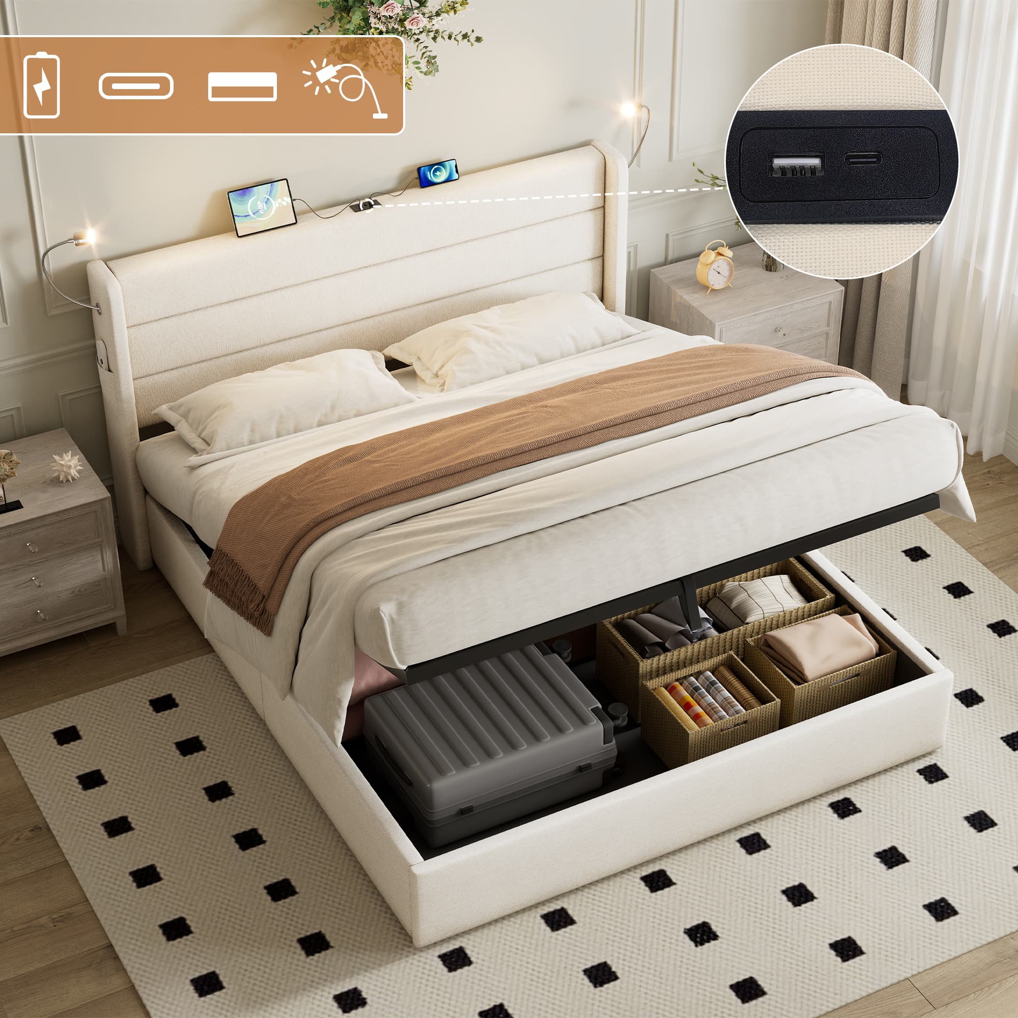 Smart Ottoman Bed with Storage, Reading Lights & USB Ports