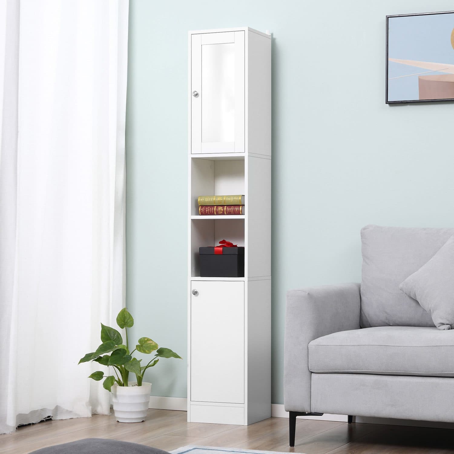 White Tall Bathroom Cabinet with Mirror Door - image 3