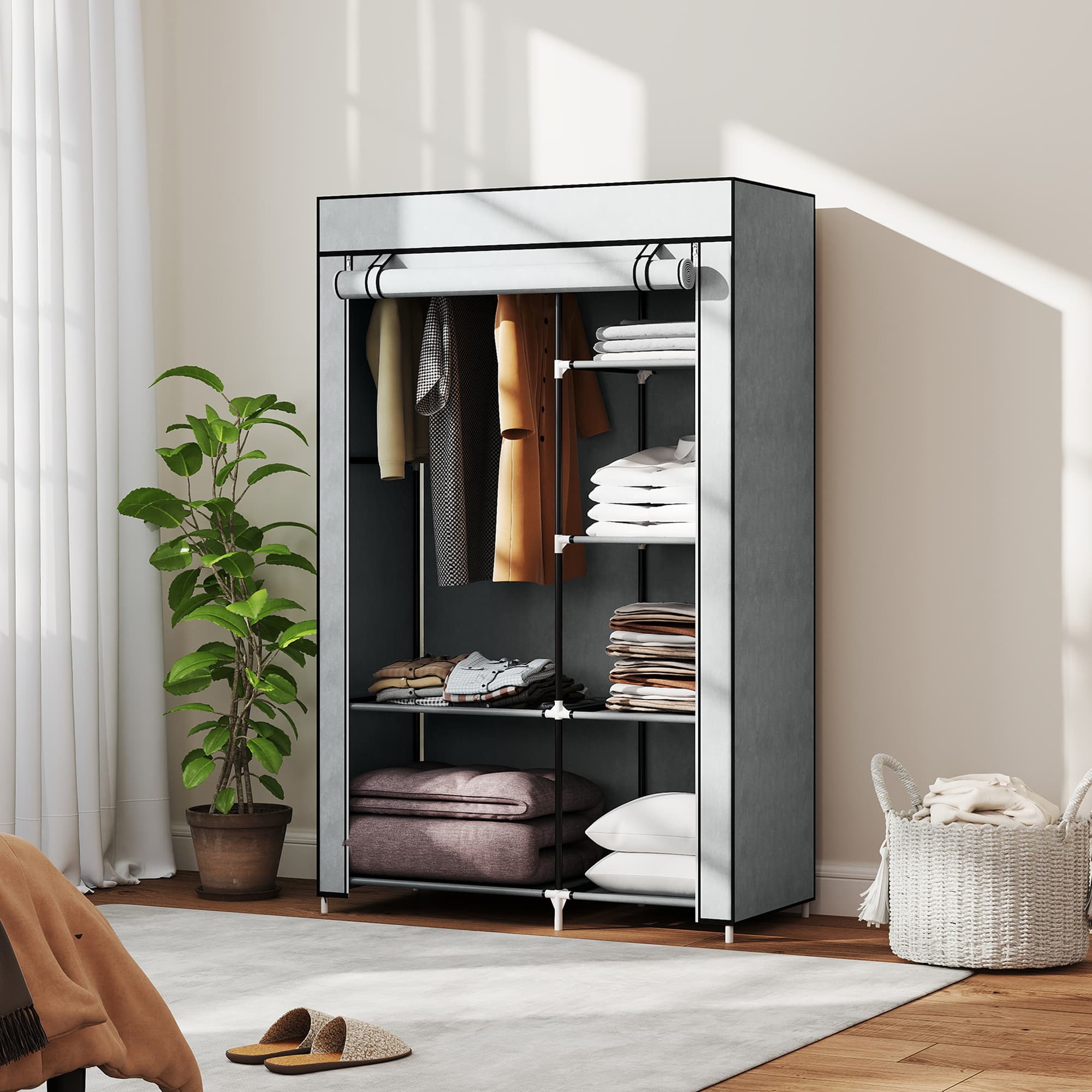 Light Grey Fabric Wardrobe with Rail and Six Shelves - image 3