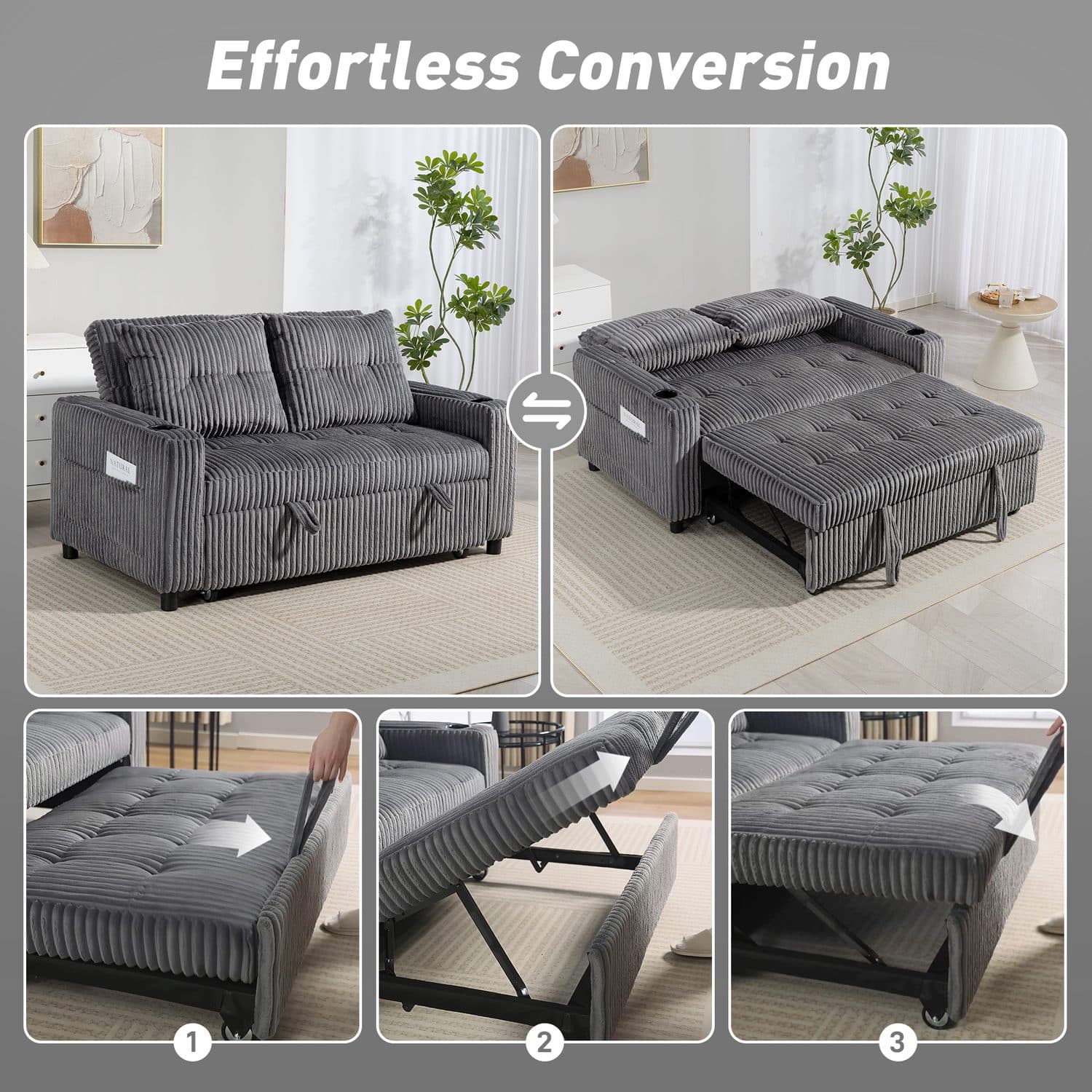 Charcoal Corduroy Sofa Bed - image 3