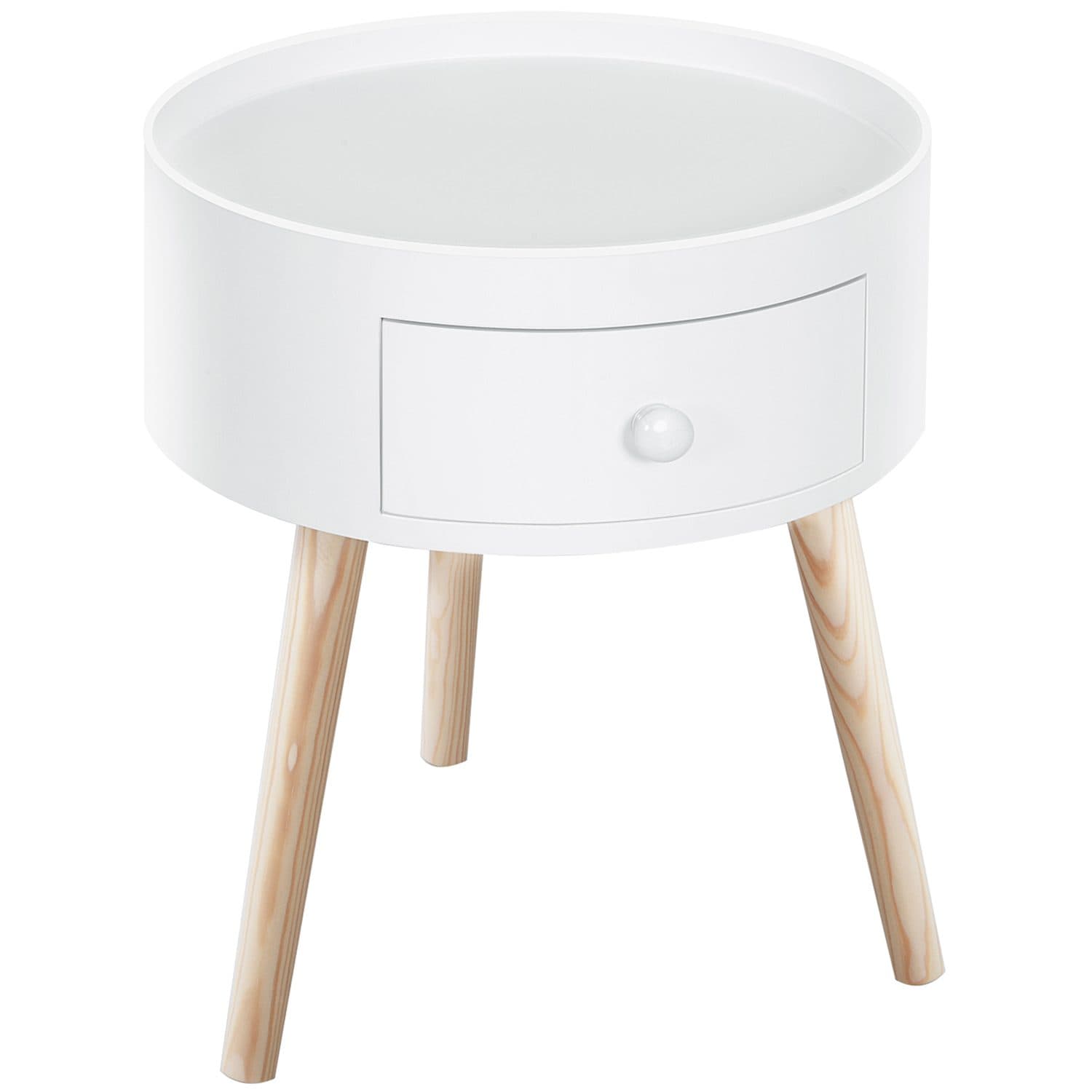White Round Side Table with Handy Hidden Storage - White Natural wood colour