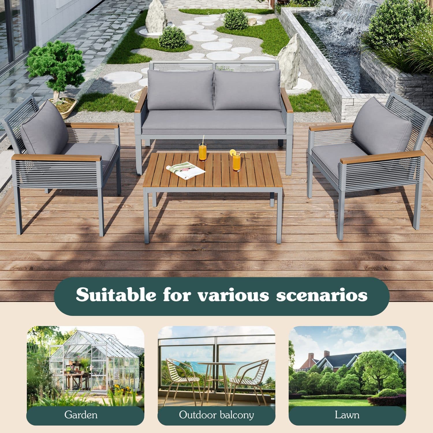 Grey 4-Piece Rattan Garden Lounge Set with Cushions - image 5
