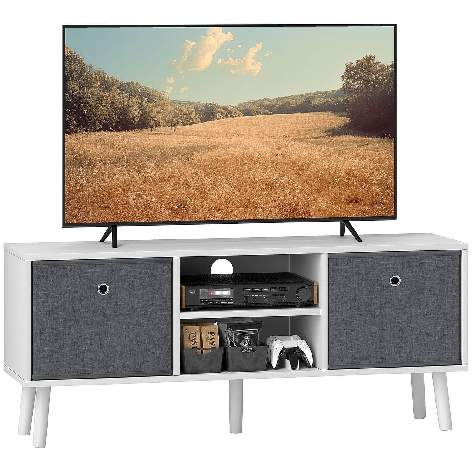 Modern White TV Unit with Removable Fabric Drawers