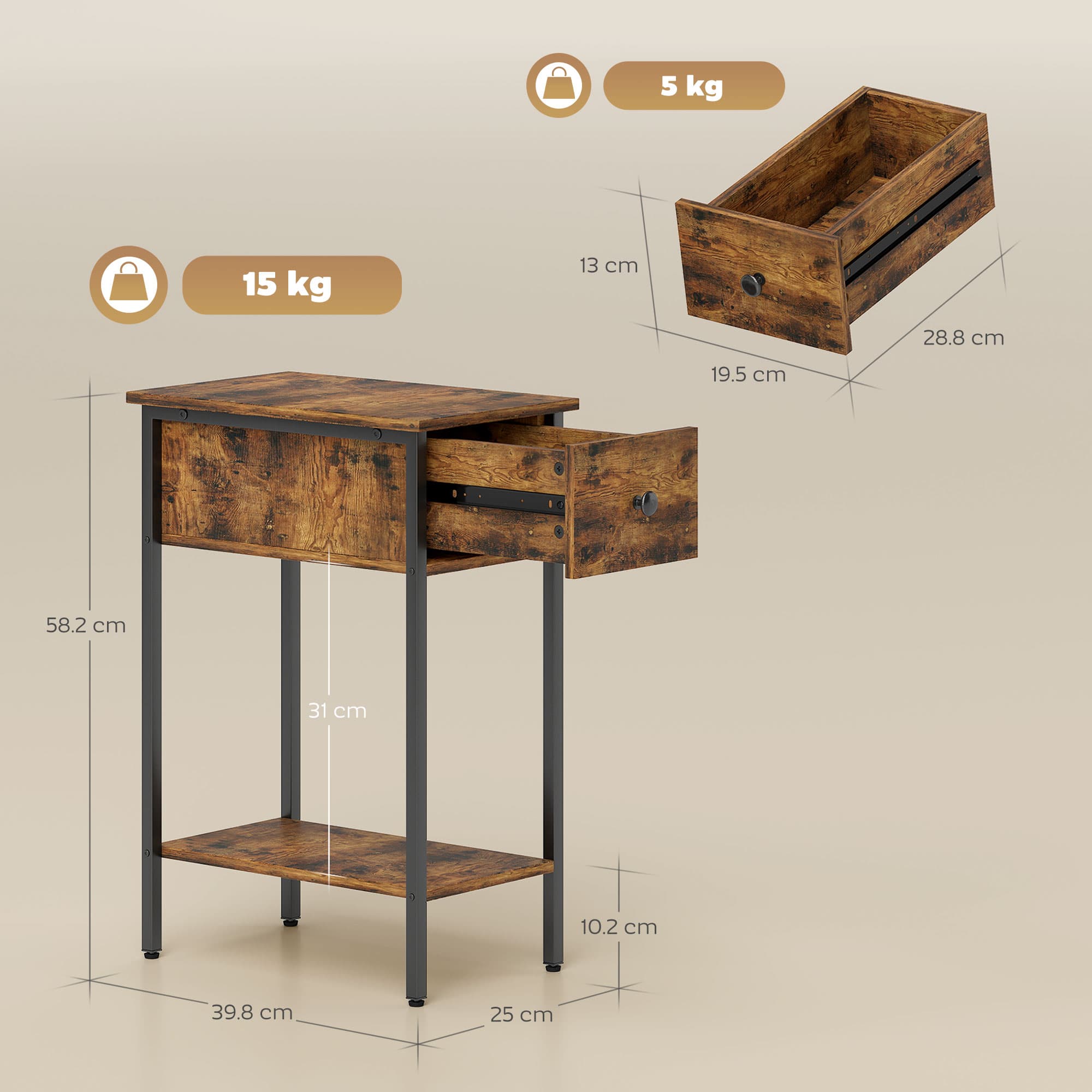 Slim Industrial Side Table with Drawer and Open Storage Shelf - image 4