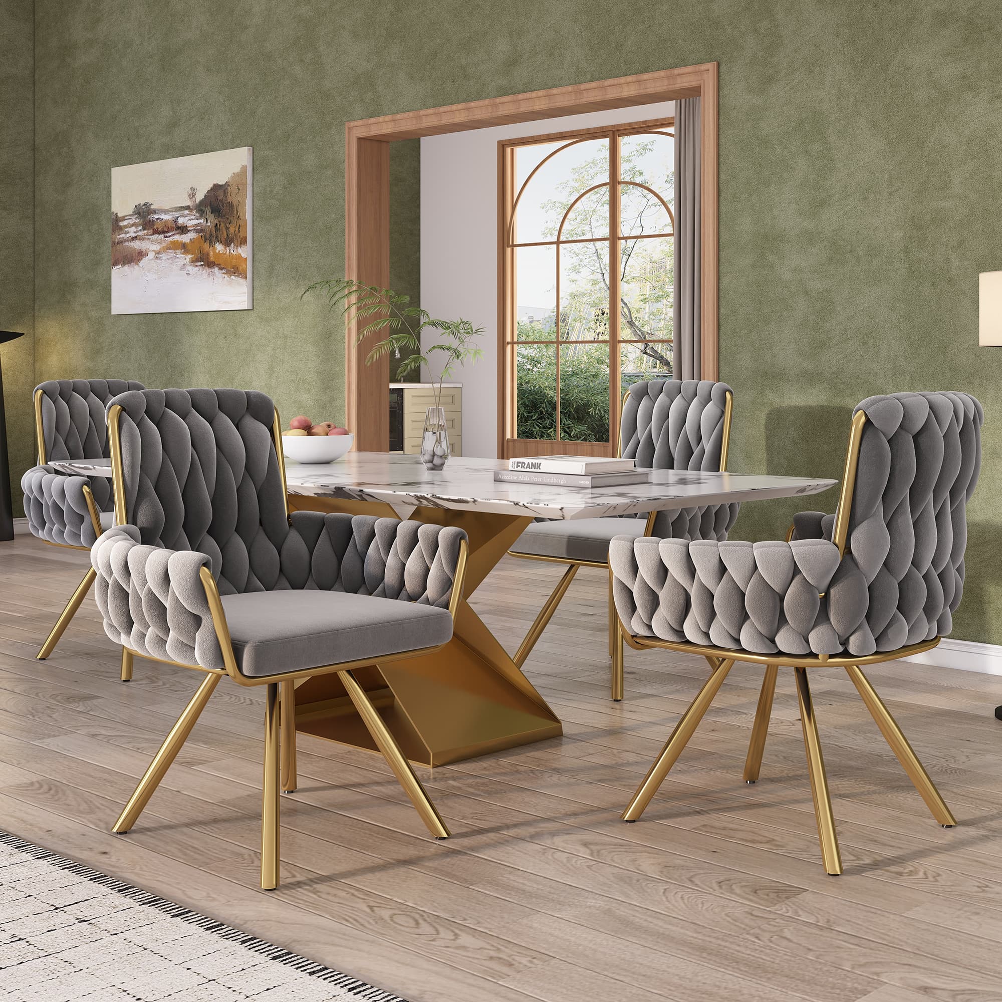 Set of 4 Grey Velvet Swivel Armchairs for Dining