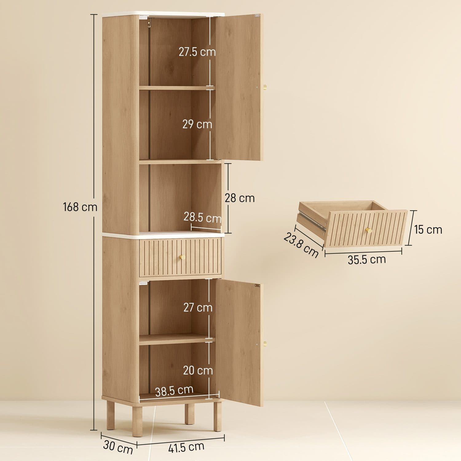 Tall Slim Bathroom Cabinet with Drawer and Open Shelf - image 5