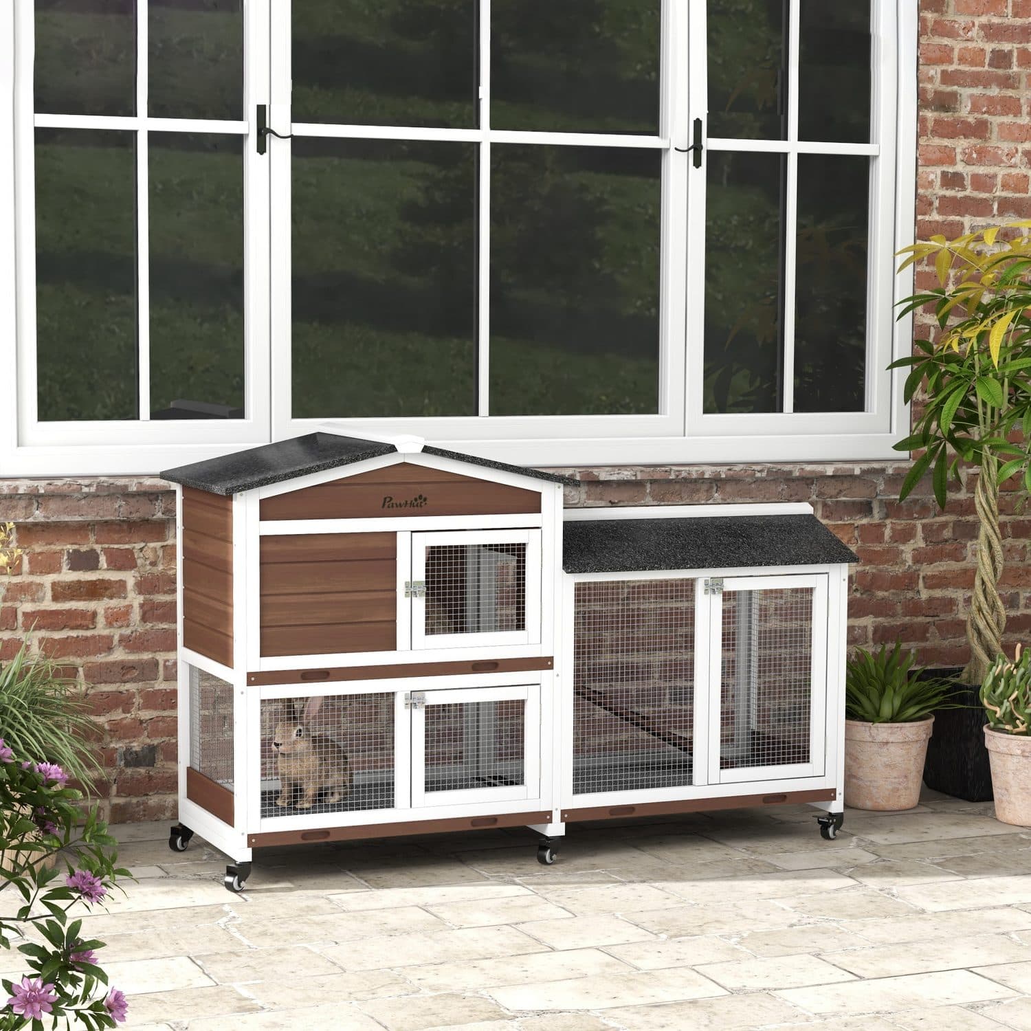 Spacious Two-Tier Pet Hutch With Attached Run and Castors - image 5