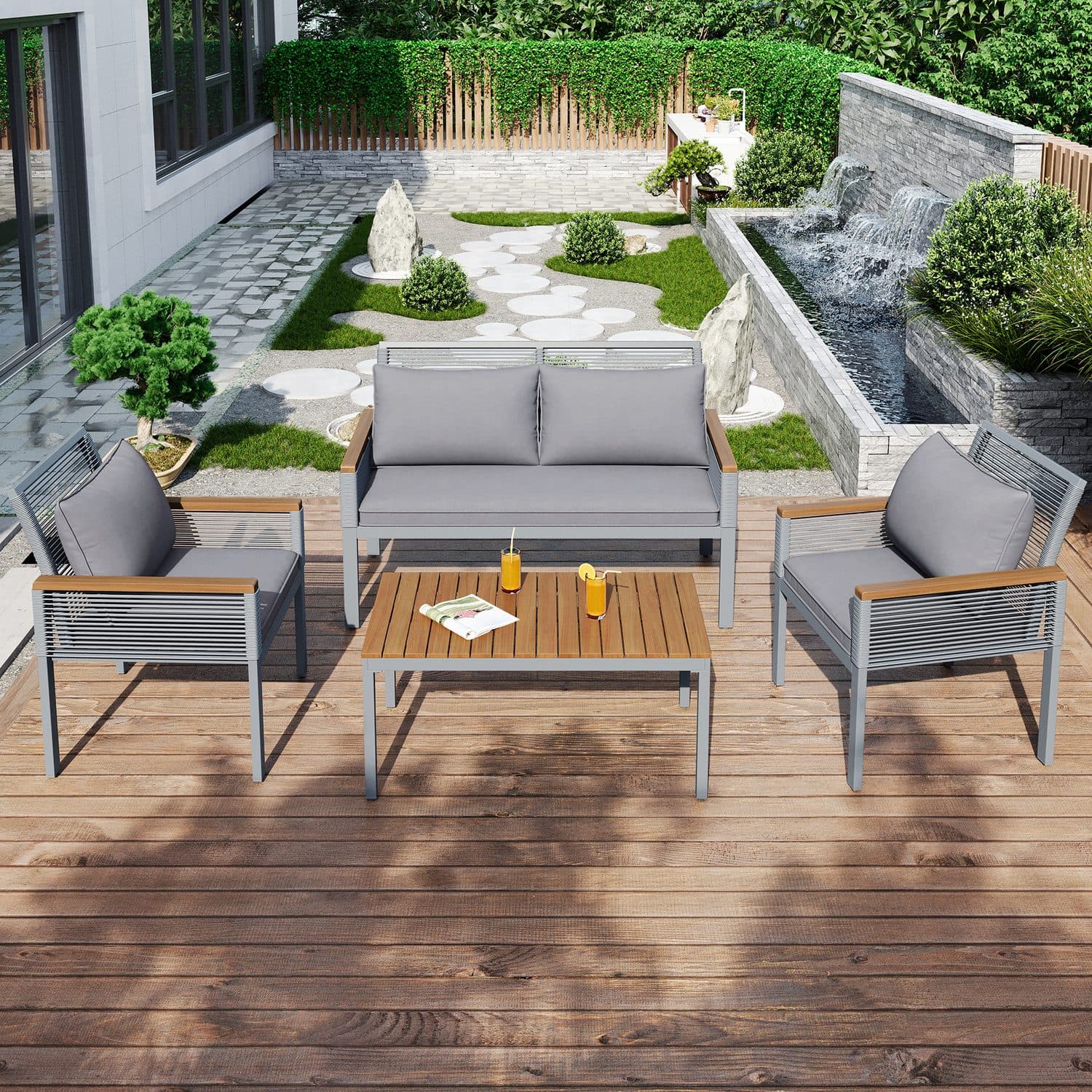 Grey 4-Piece Rattan Garden Lounge Set with Cushions - Gray