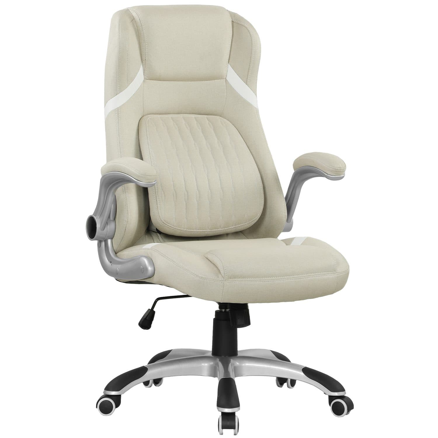 High-Back Linen Office Chair with Lumbar Cushion and Flip-Up Arms