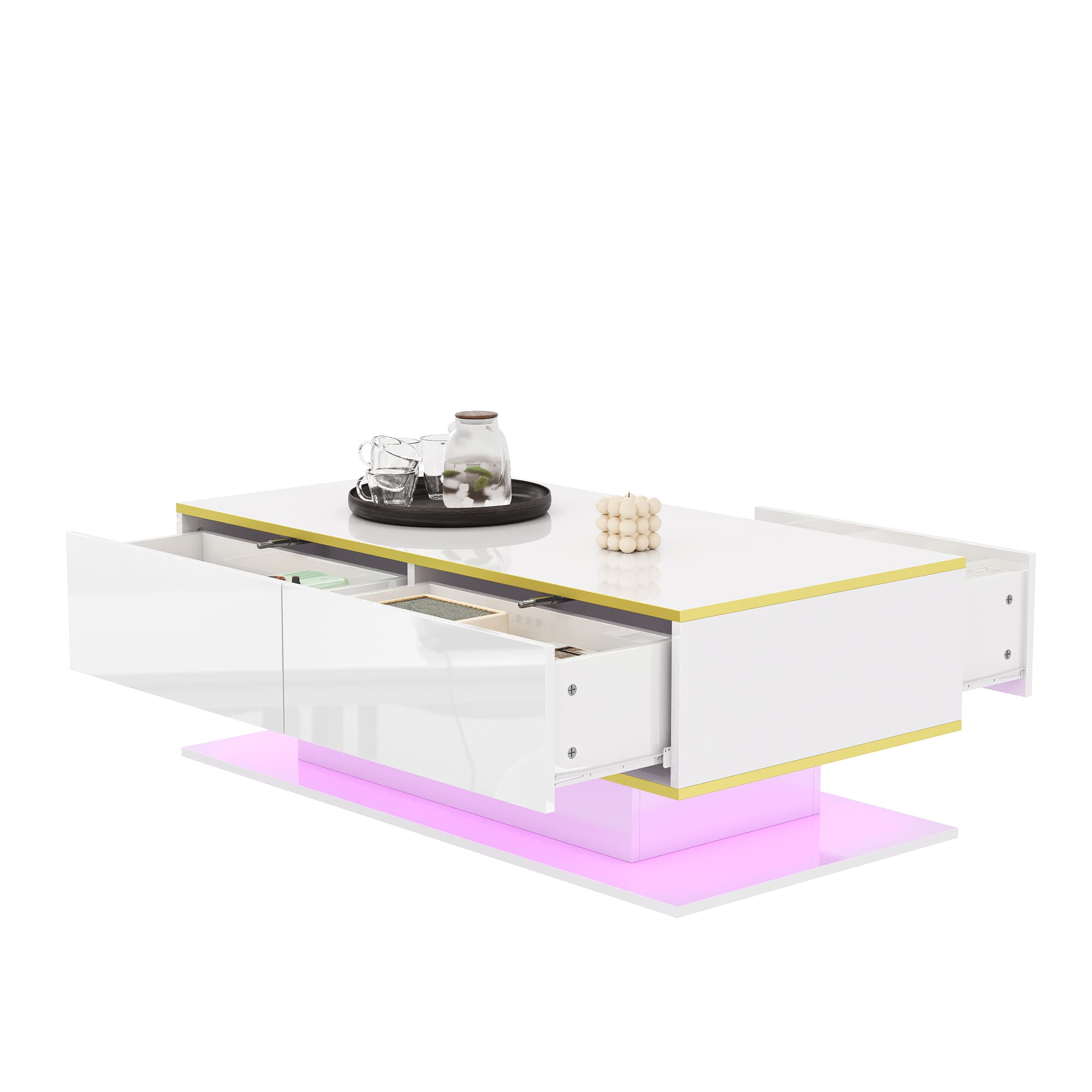 High Gloss LED Coffee Table with Gold Accents & Storage