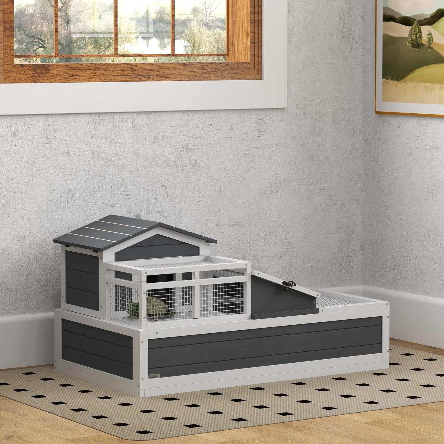 PawHut Fir Wood Tortoise House with Two Storeys - image 5