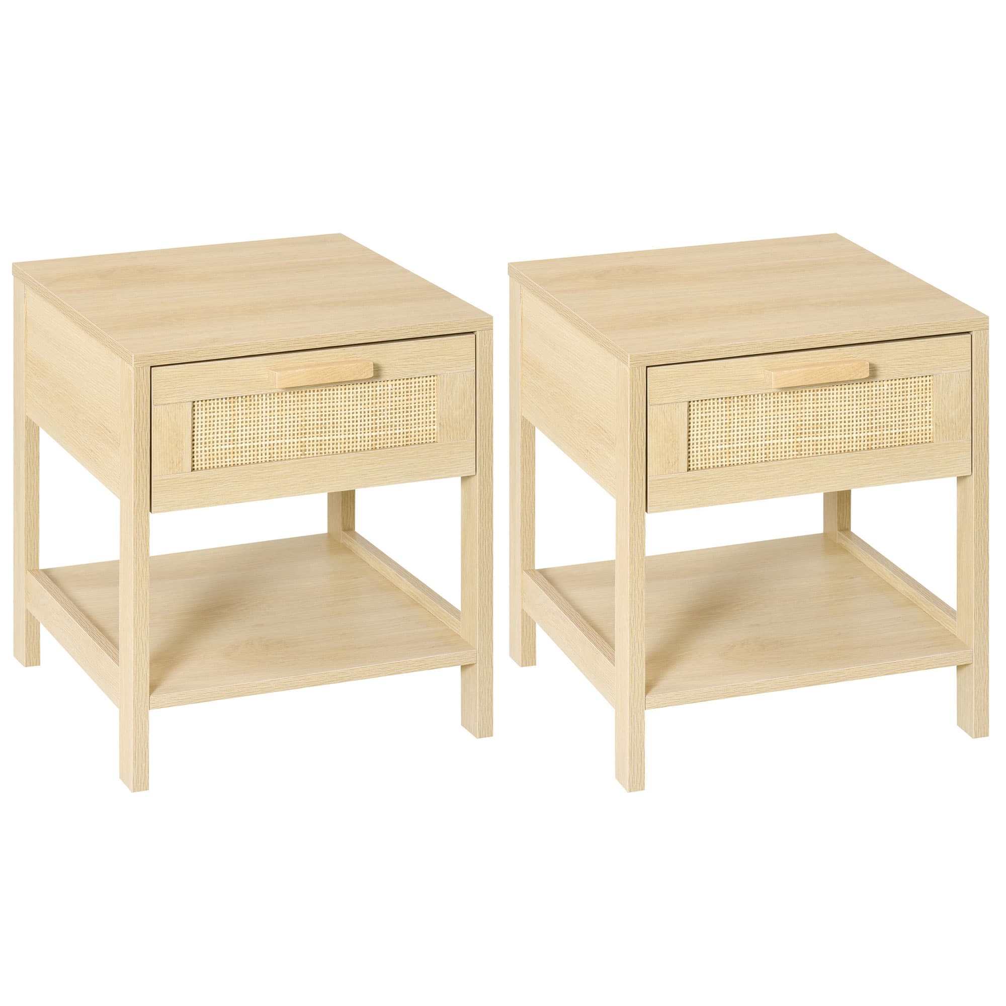 Natural Oak Rattan Drawer Bedside Tables (Set of 2)