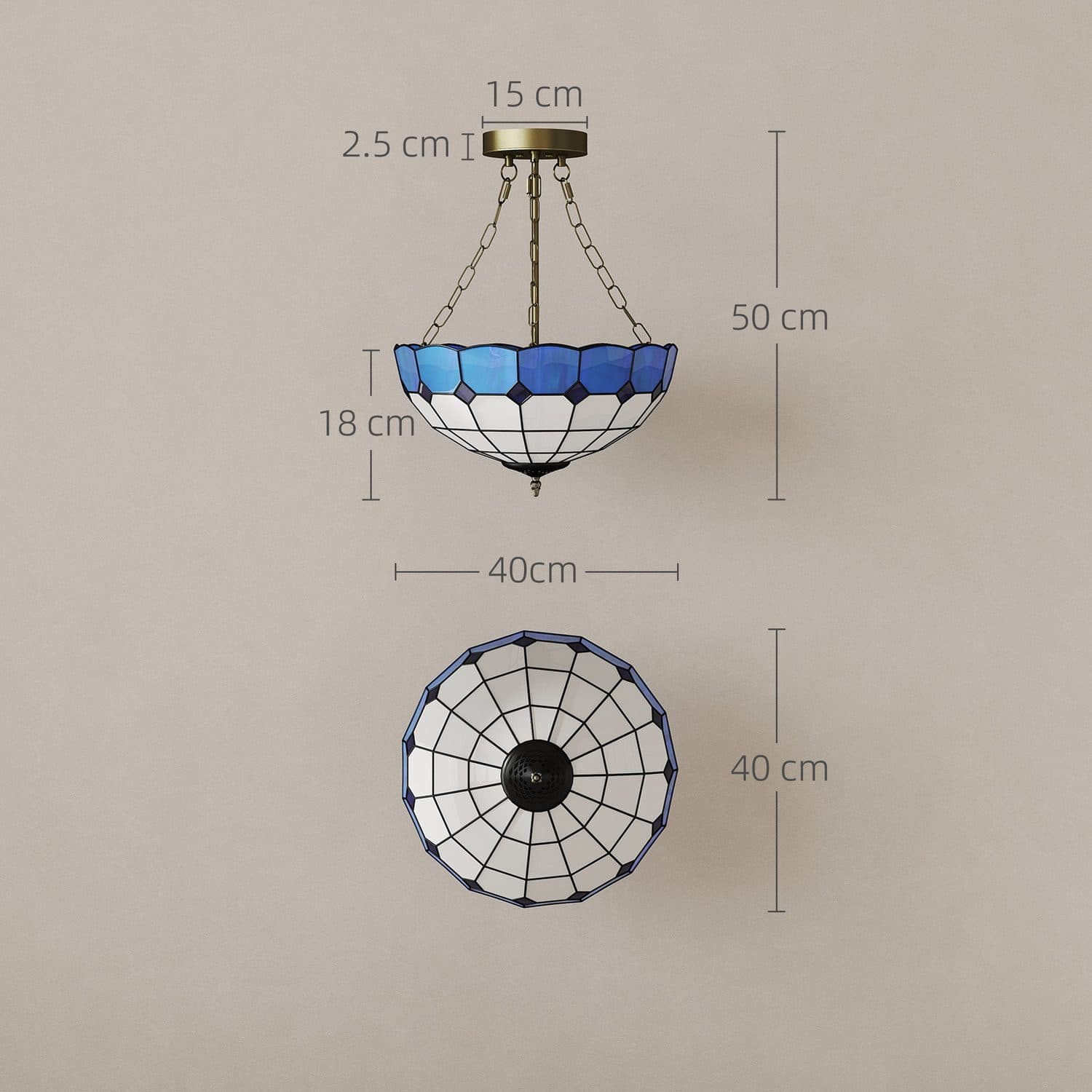 Blue Tiffany Pendant Light – Stained Glass Shade and Brass Chain - image 4