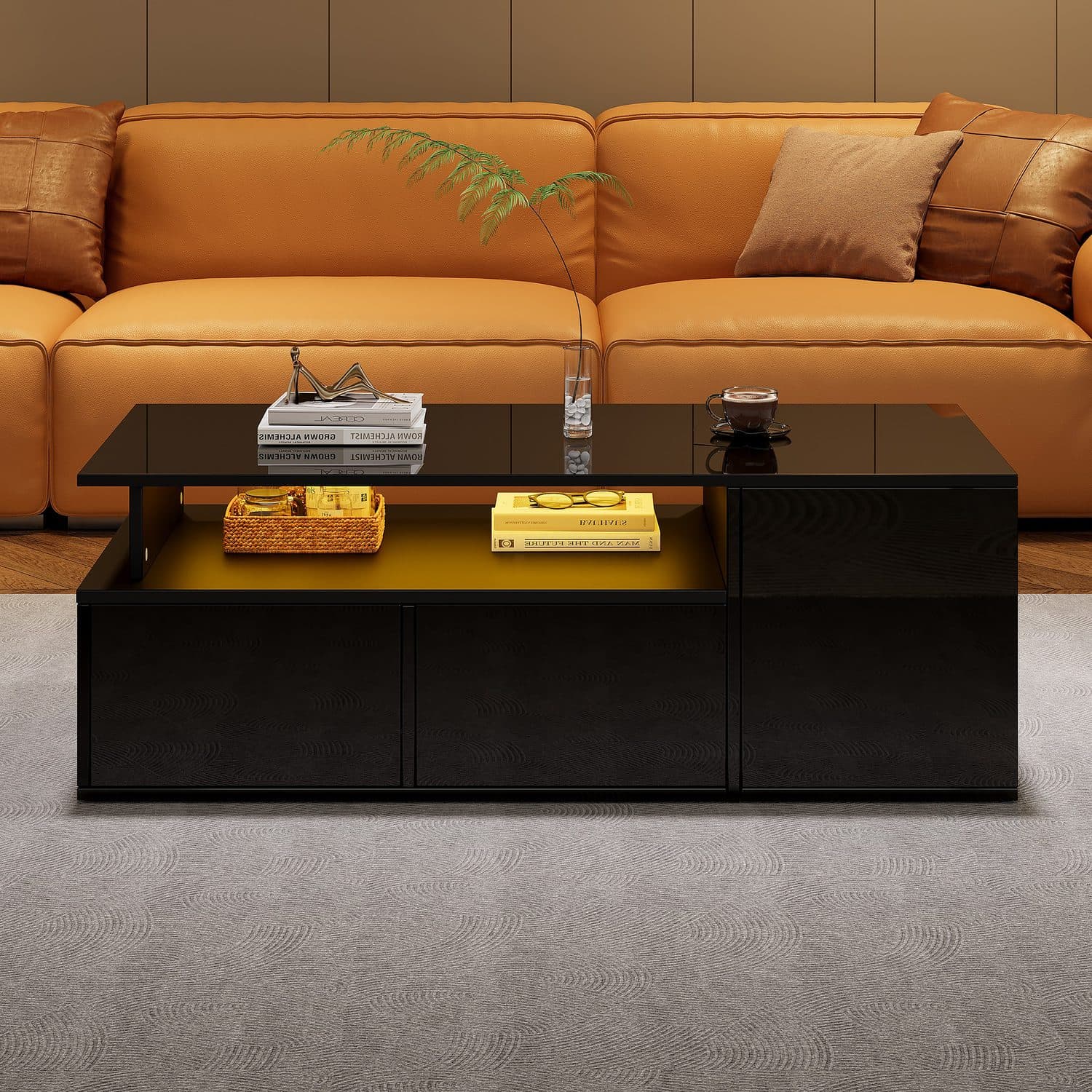 A glossy black coffee table with LED-lit storage - image 1
