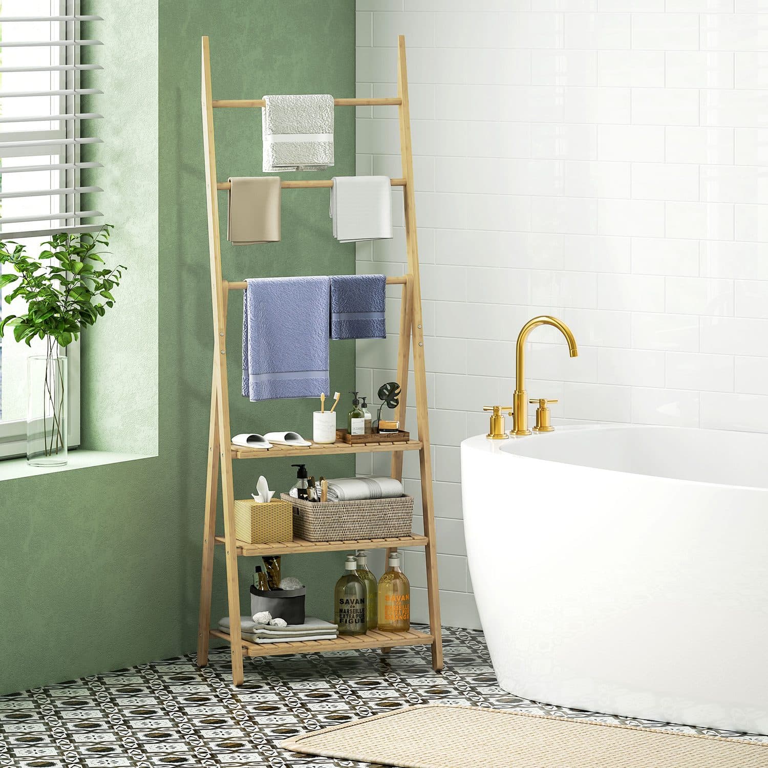 Bamboo Bathroom Shelf with Towel Bars - image 1