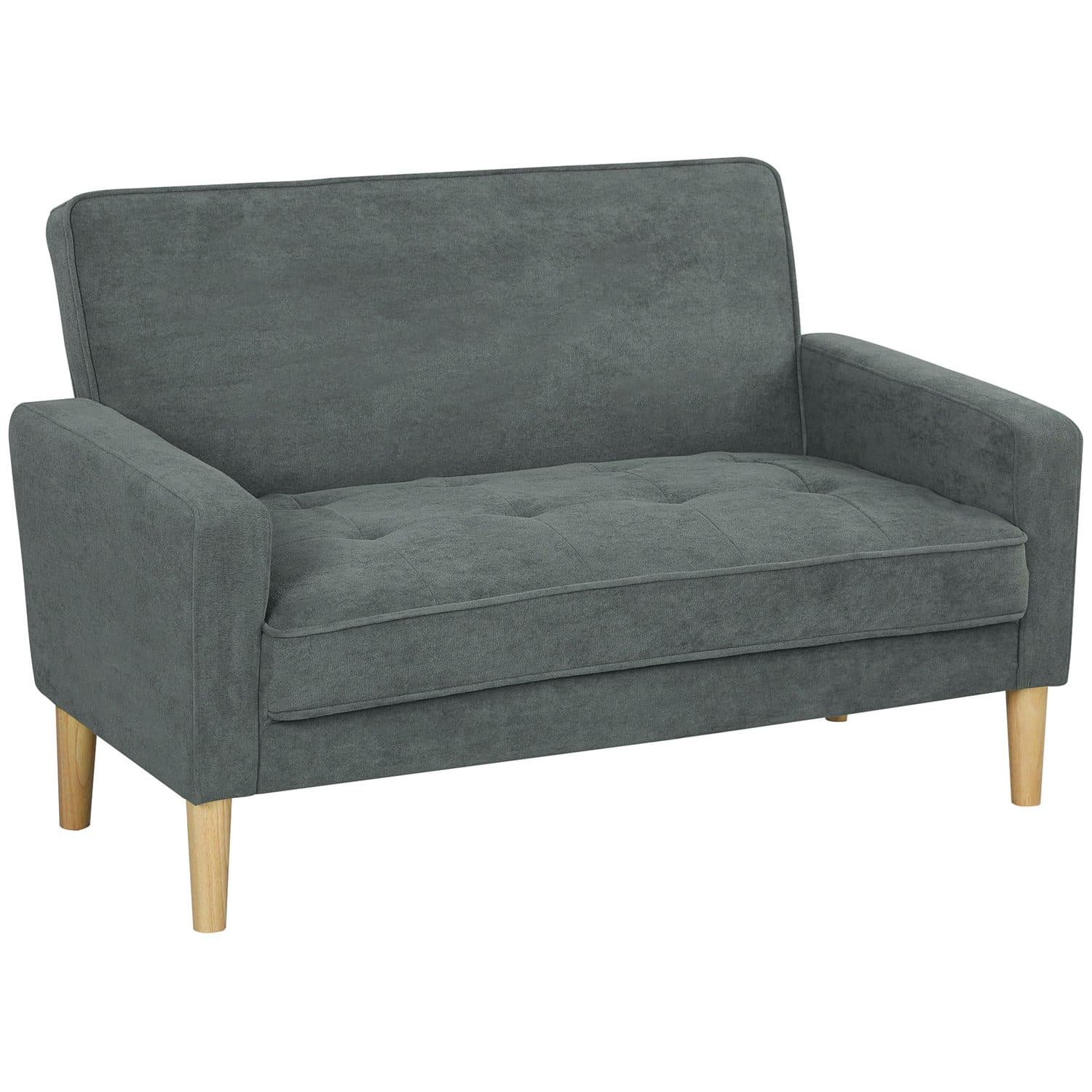 Two-Seater Grey Velvet-Feel Sofa with Tufted Seat and Wood Legs - Grey