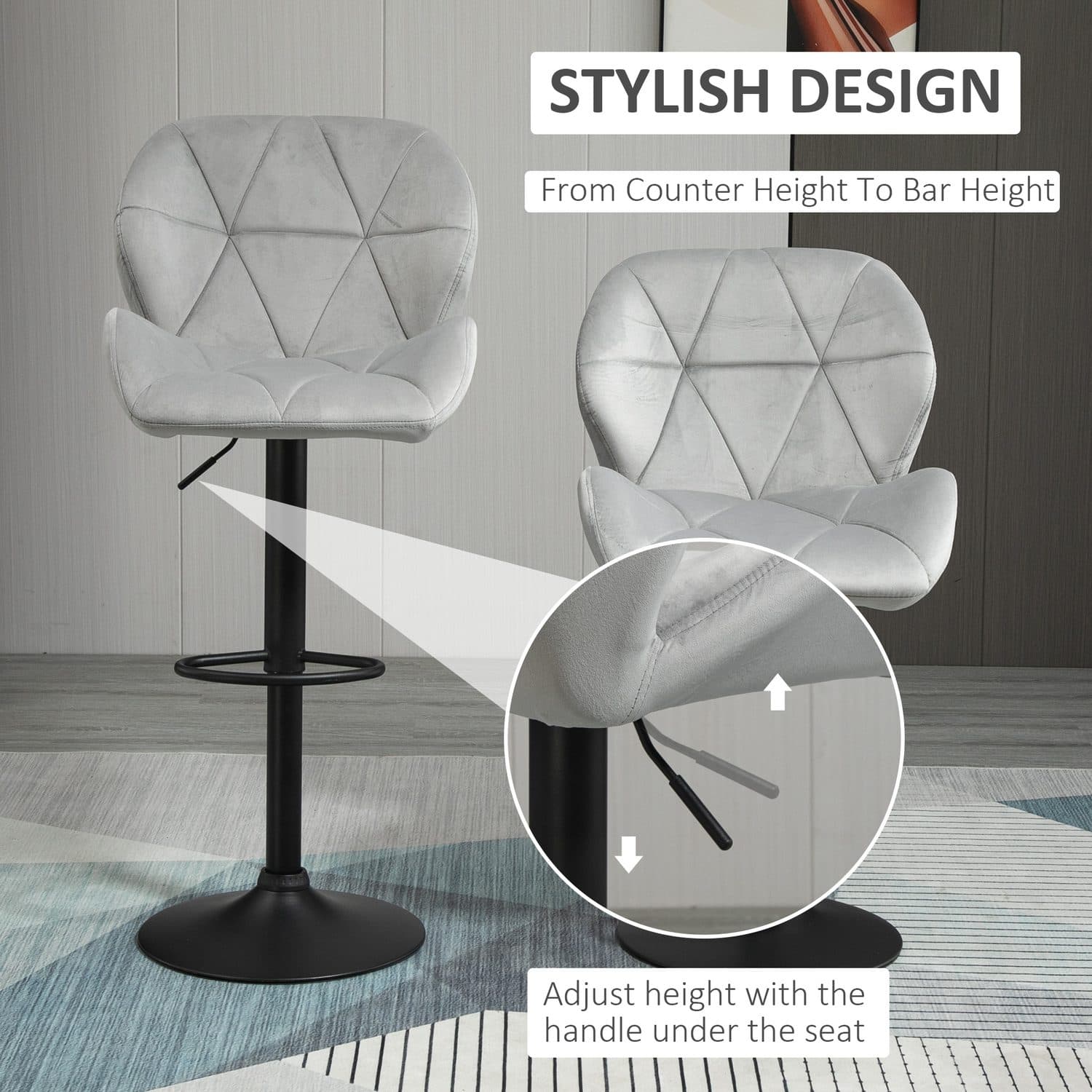 Light Grey Velvet Adjustable Bar Stools - image 5
