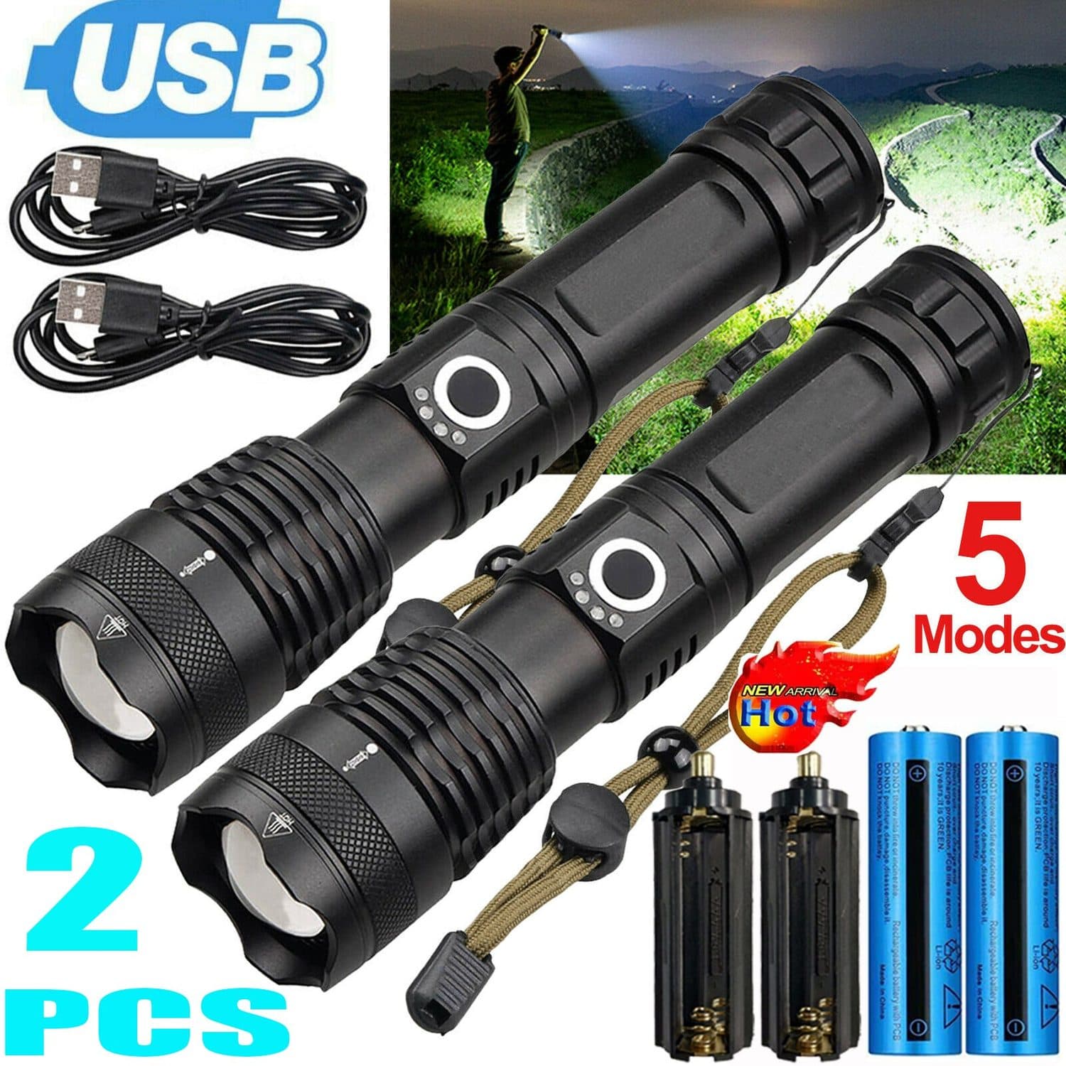 USB Rechargeable LED Zoom Torch Set - 2PCS