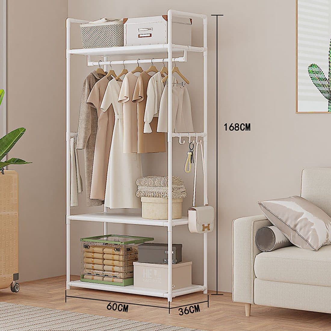 White Clothes Rail Stand with Shelves, Hooks and Storage Space - image 3