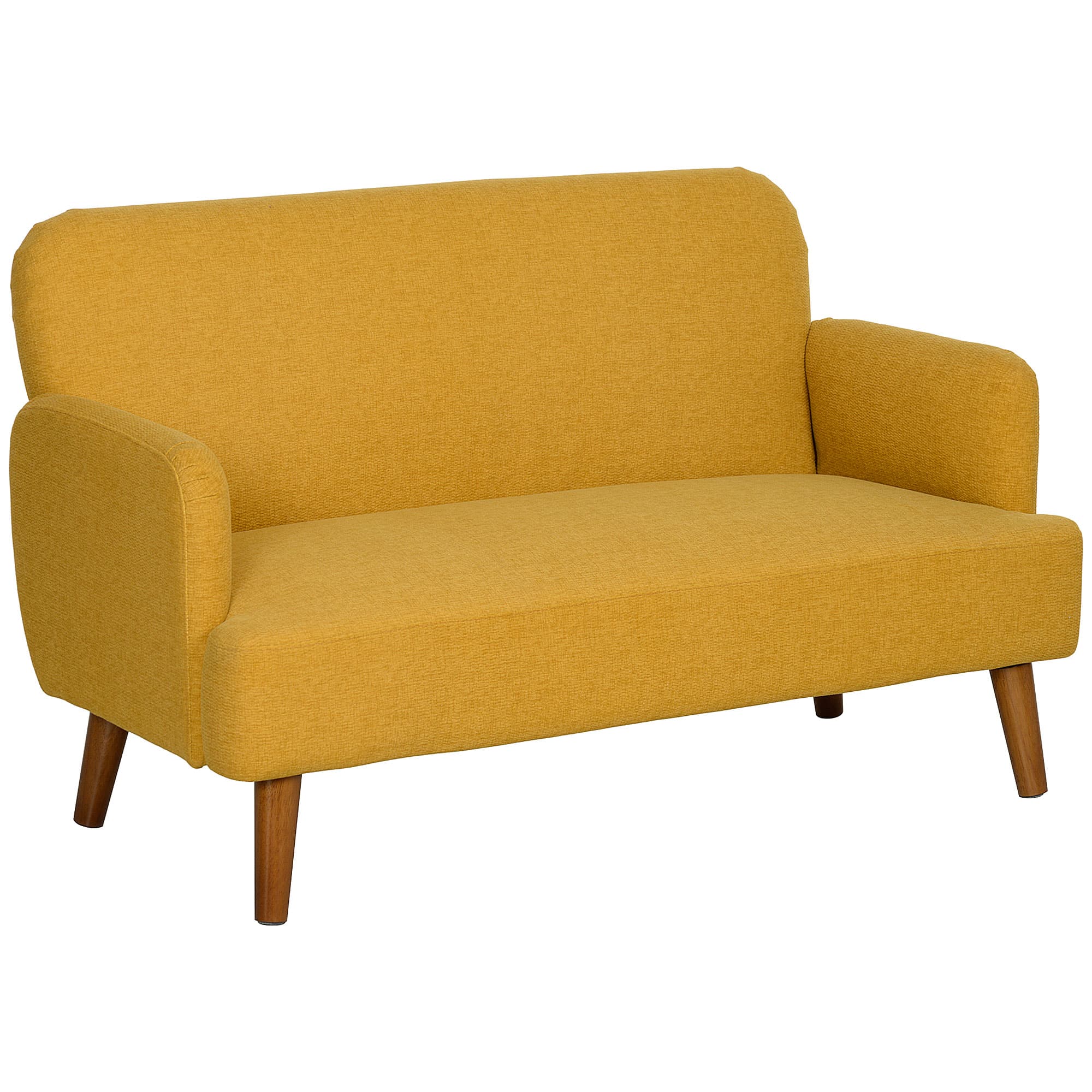 A compact mustard sofa with mid-century legs and generous cushioning