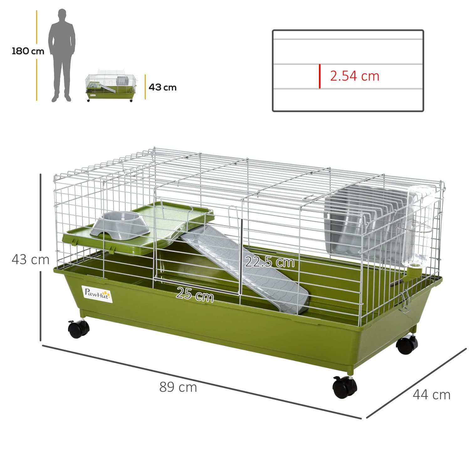 PawHut Small Animal Cage with Wheels, 89 x 44 x 43cm - image 2