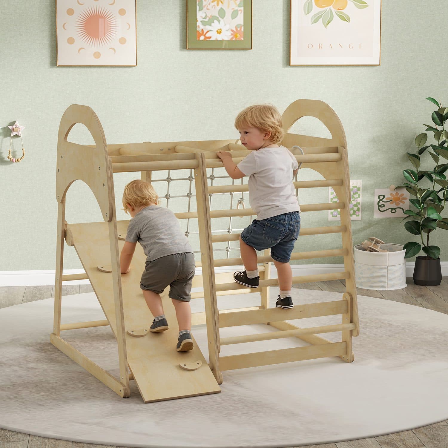Indoor Kids Climbing Frame With Slide, Net and Monkey Bars - image 2