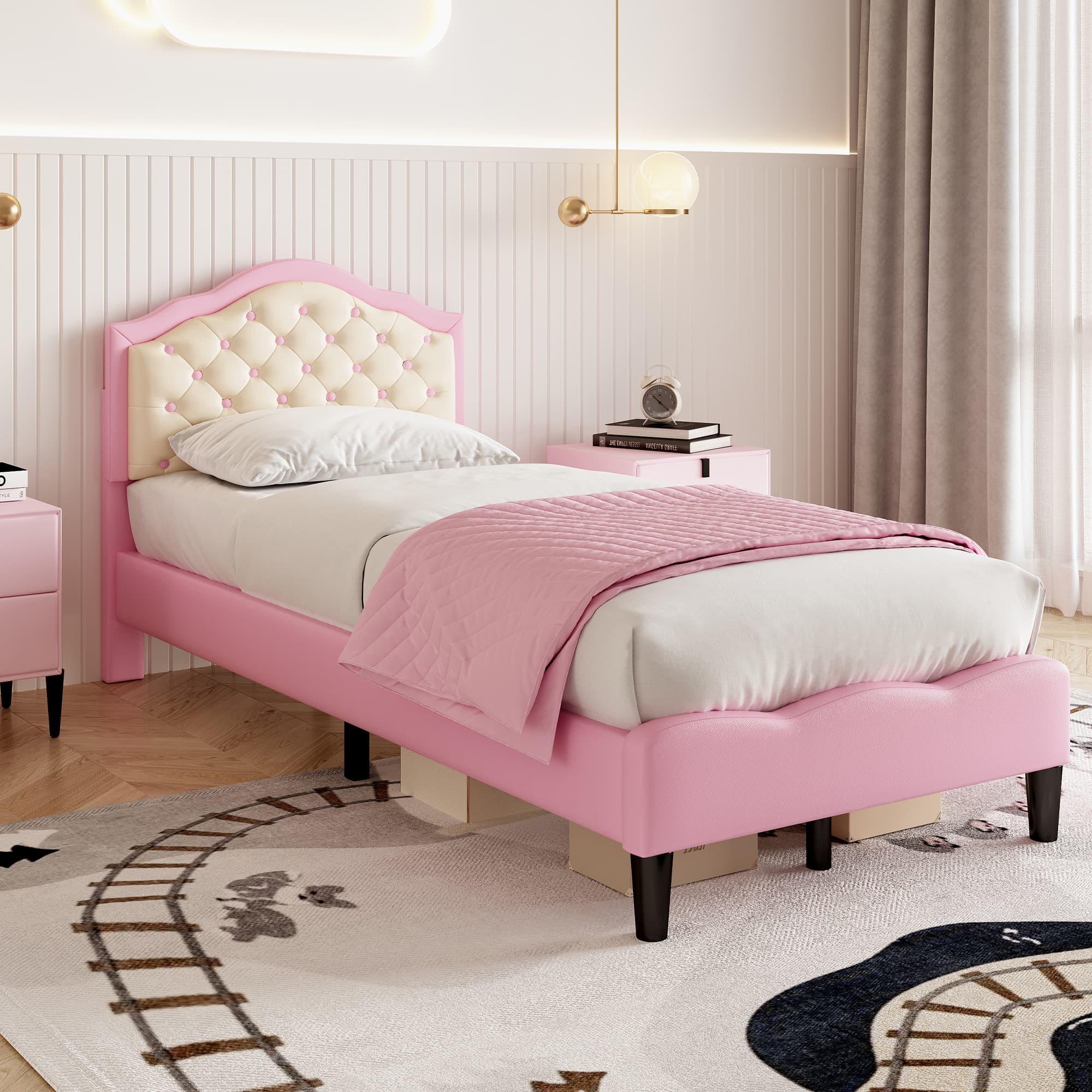 Single Upholstered Bed Frame in Pink & Beige Faux Leather (3ft) - Beige Pink