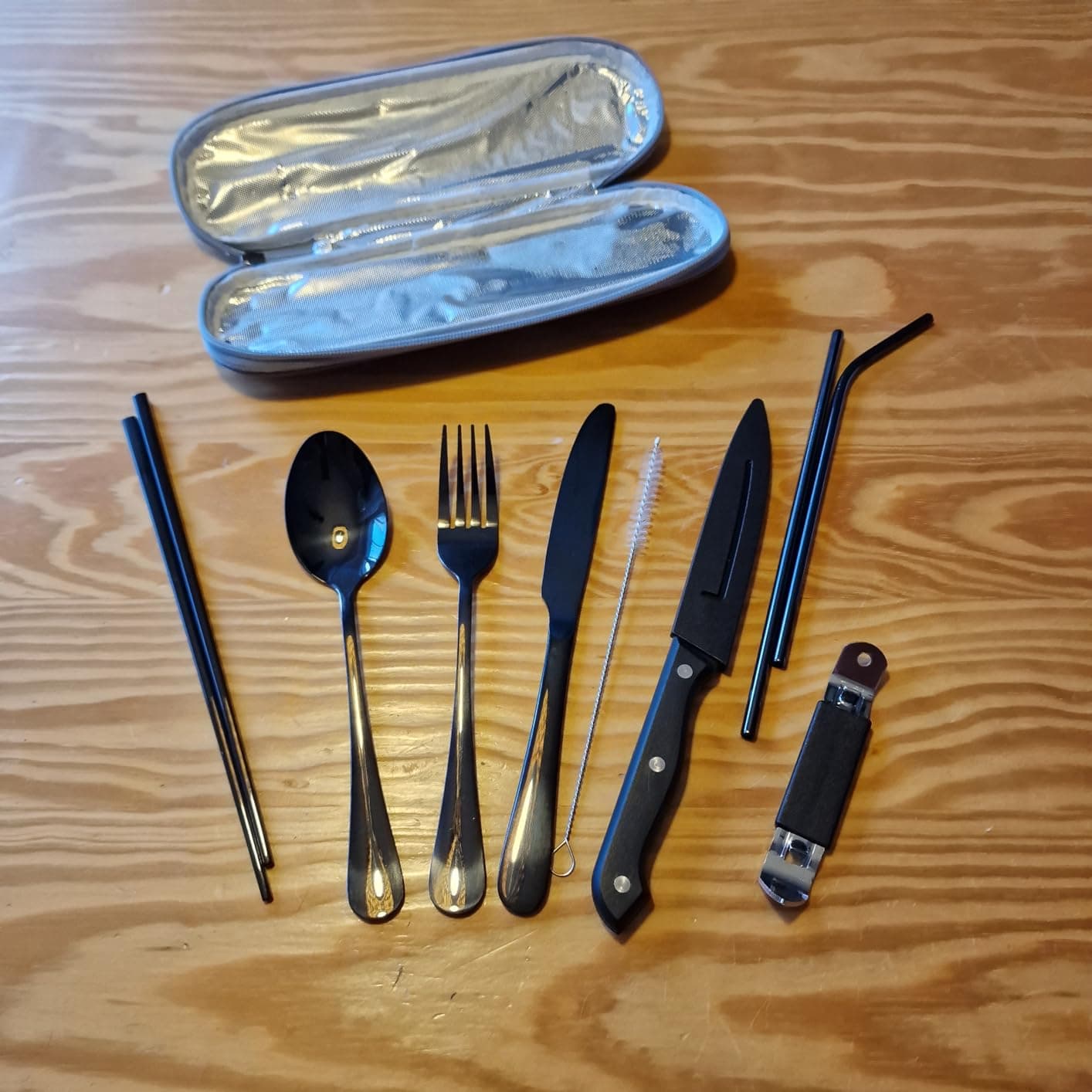 9-Piece Camping Cutlery Set in Black Stainless Steel with Felt Case - image 4