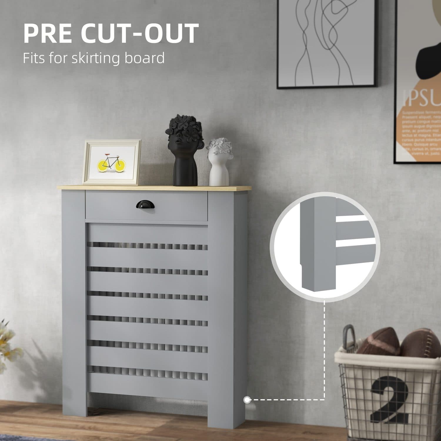 Grey Radiator Cover with Storage Drawer & Slatted Design - image 3