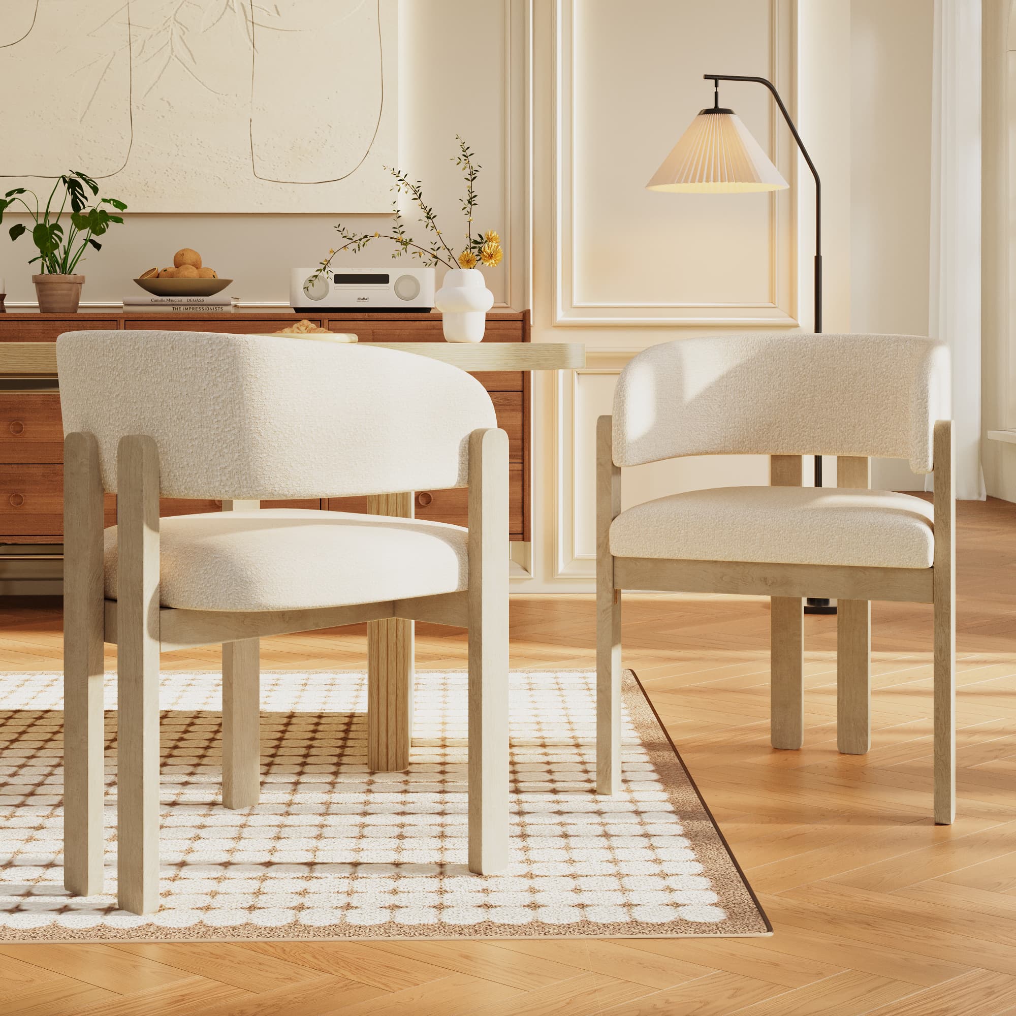 Natural Solid Wood & Boucle Dining Chairs (Set of 2)