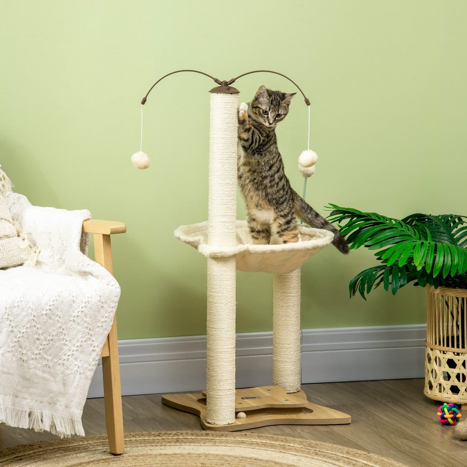 Beige Cat Tree with Cosy Hammock and Play Balls - image 3