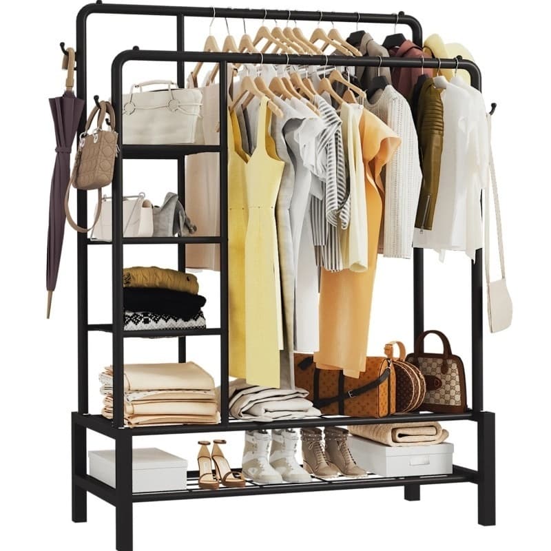 Free-Standing Clothes Rail with Storage Shelves and Shoe Rack - Black