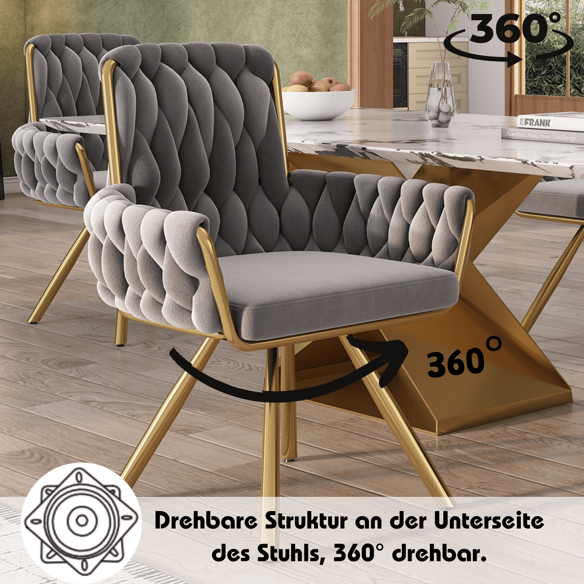 Set of 2 Grey Velvet Swivel Dining Chairs - image 1