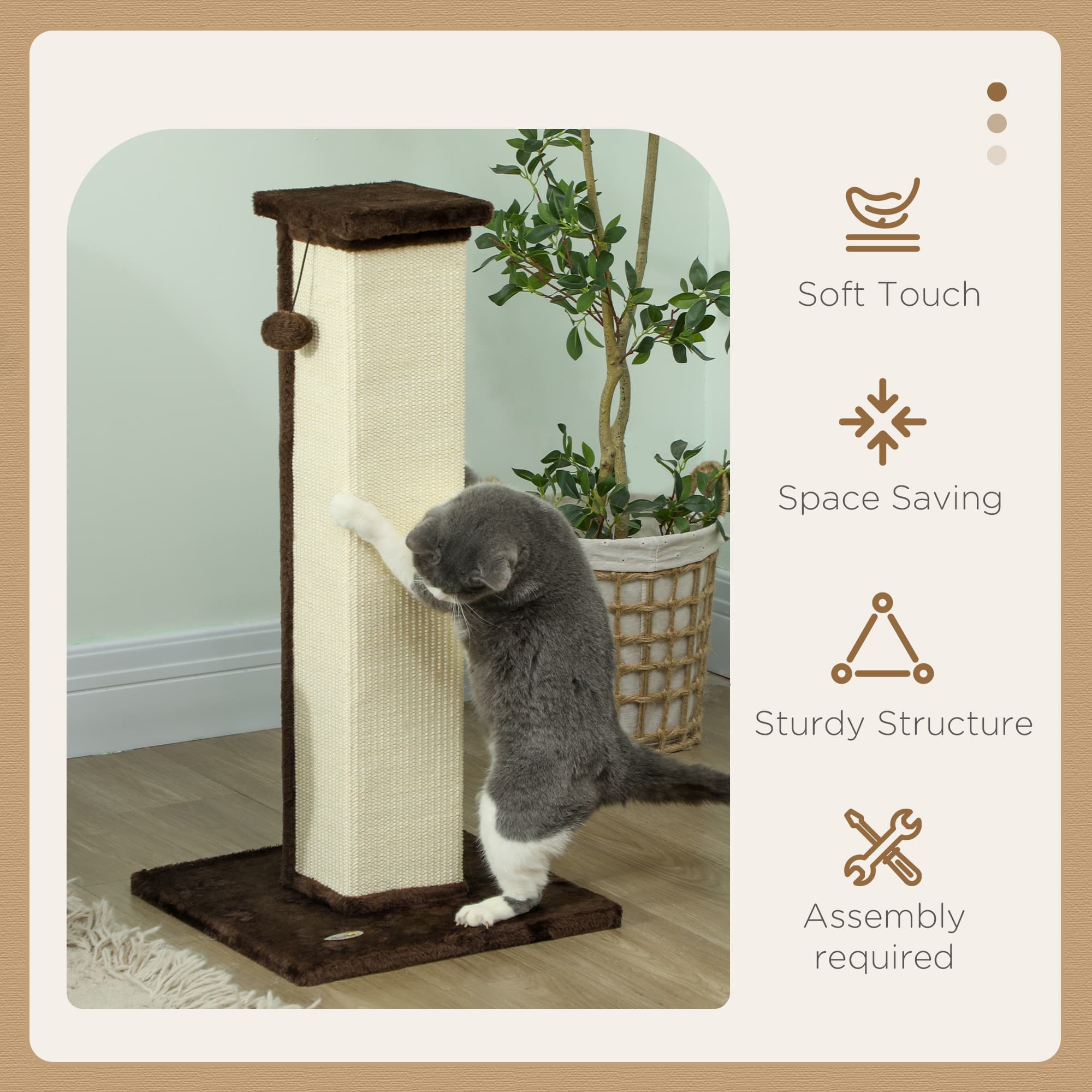 Tall Vertical Cat Scratcher with Sisal Rope and Plush Base – Brown - image 2