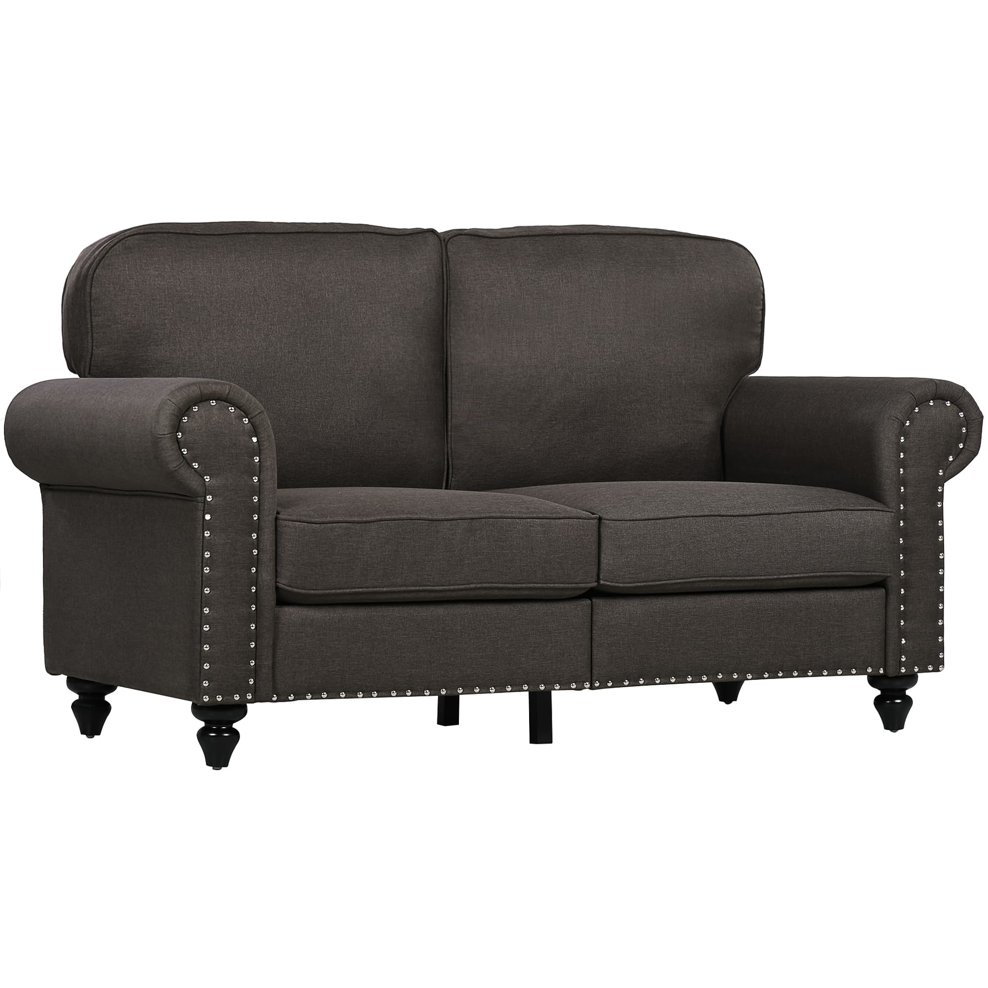A Classic Two-Seater Loveseat with Rolled Arms and Nailhead Trim