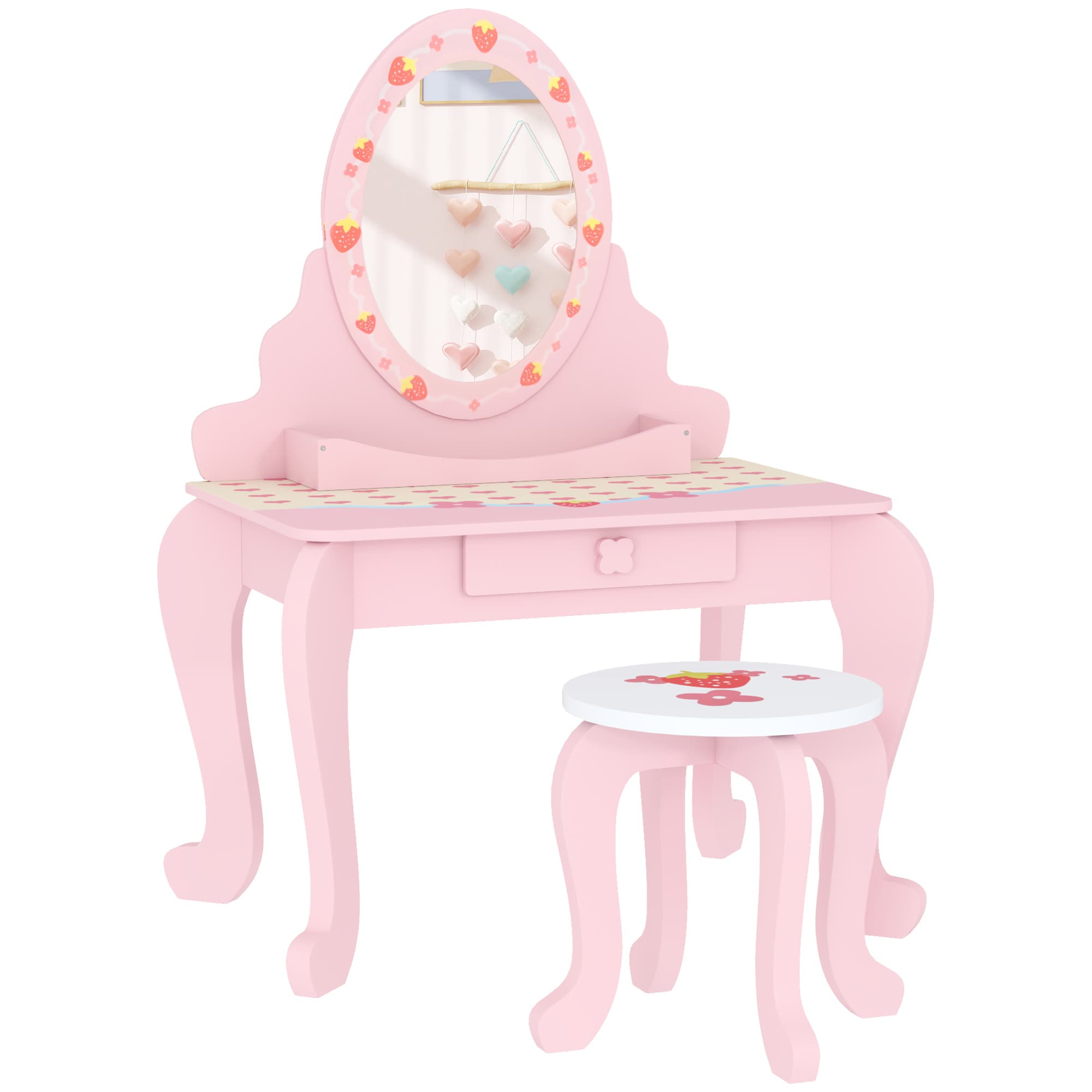Pink Kids Vanity Set with Strawberry Mirror and Matching Stool