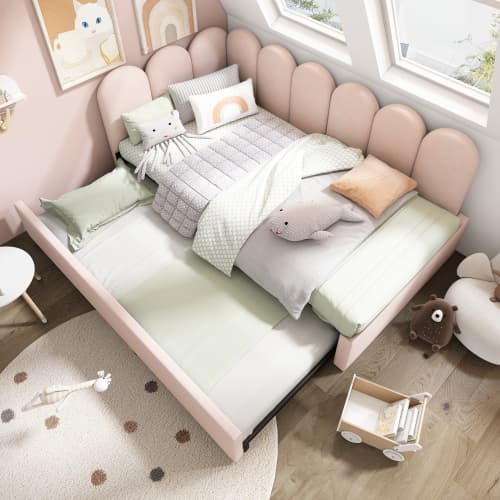 Upholstered Daybed in Pink Velvet with Pull-Out Guest Bed
