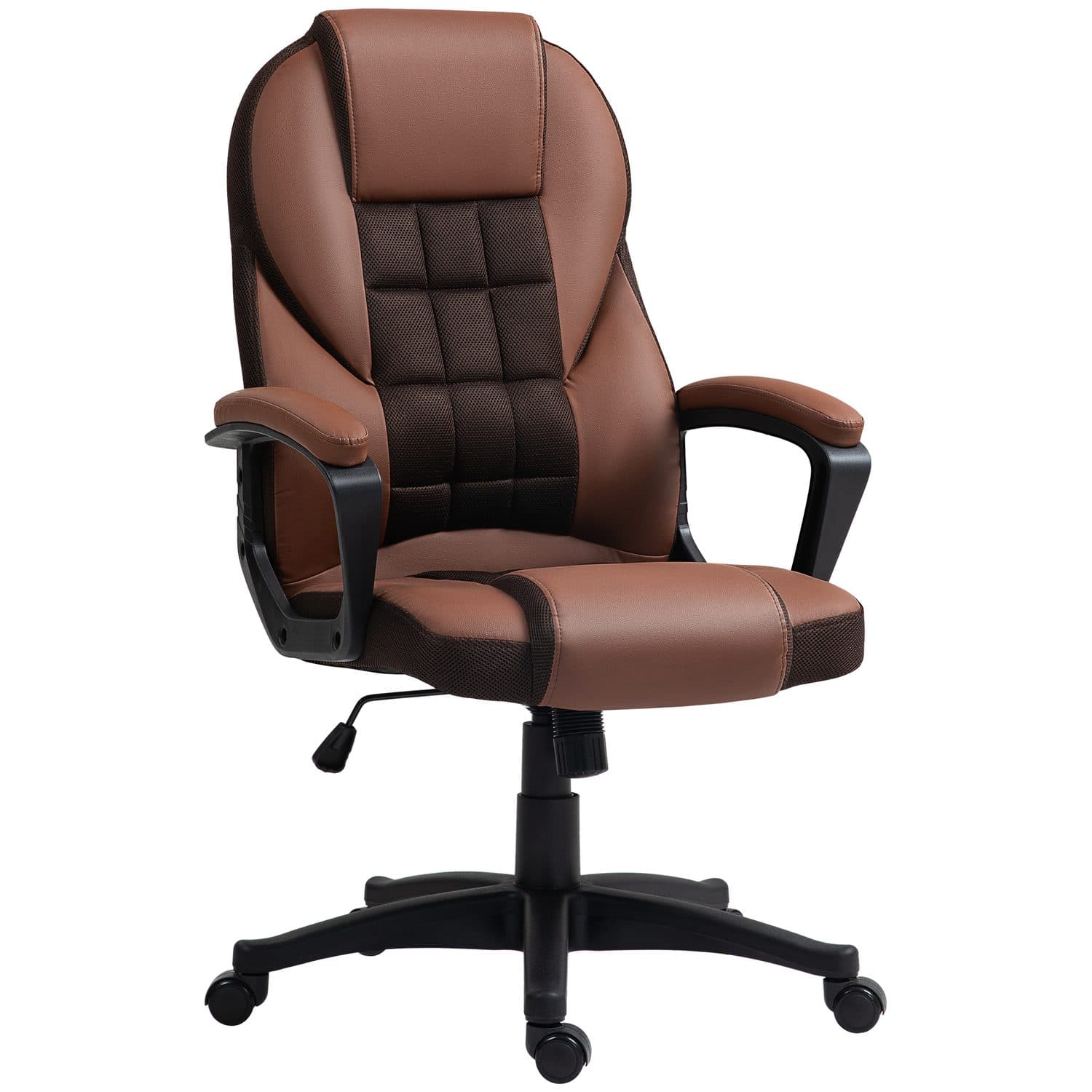 High-Back Office Chair in Brown Faux Leather with Mesh Panel